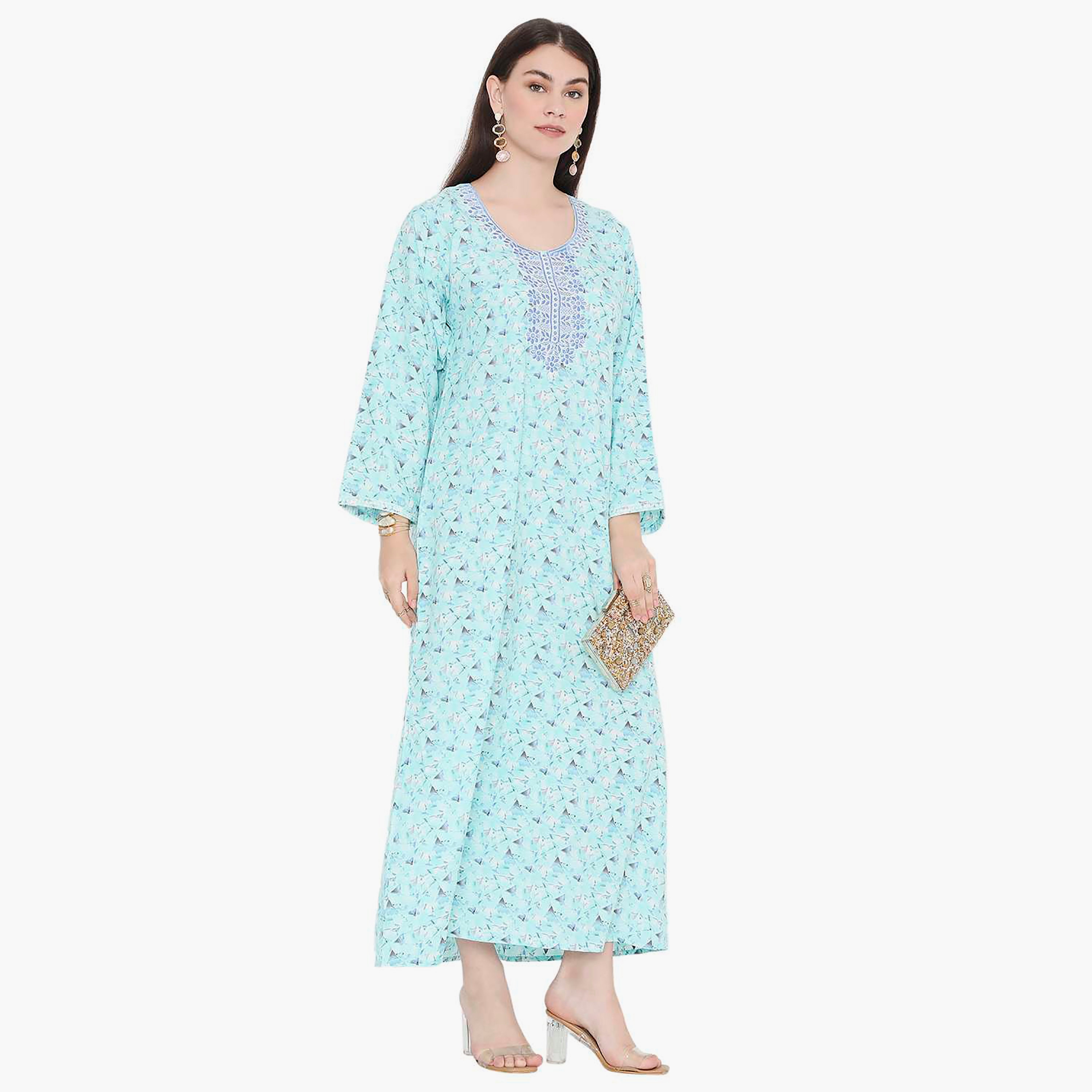 Hana & Sara All Over Print and Embroidered Yoke Jalabiya-women-arabicclothing-jalabiyas-image-2