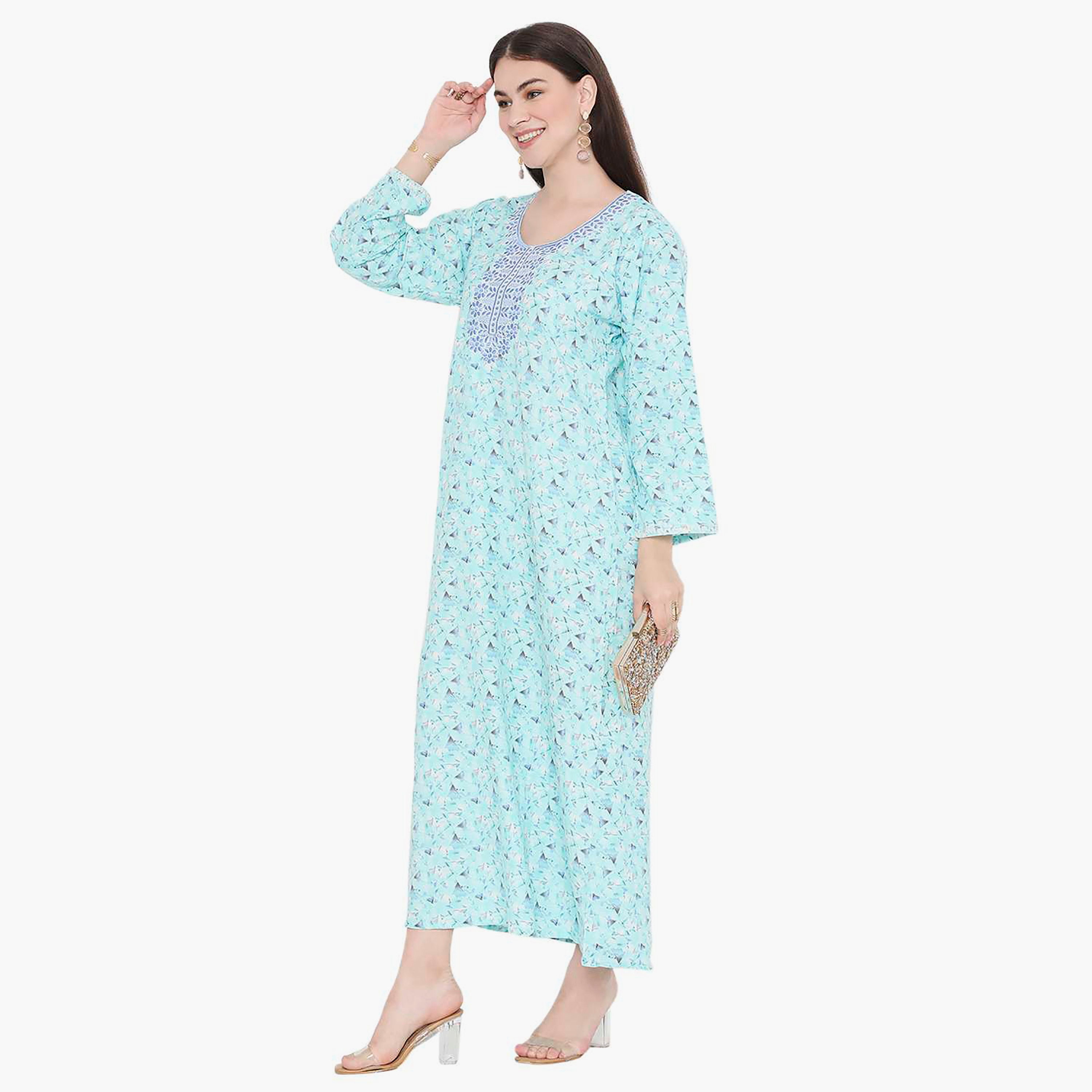 Hana & Sara All Over Print and Embroidered Yoke Jalabiya-women-arabicclothing-jalabiyas-image-4