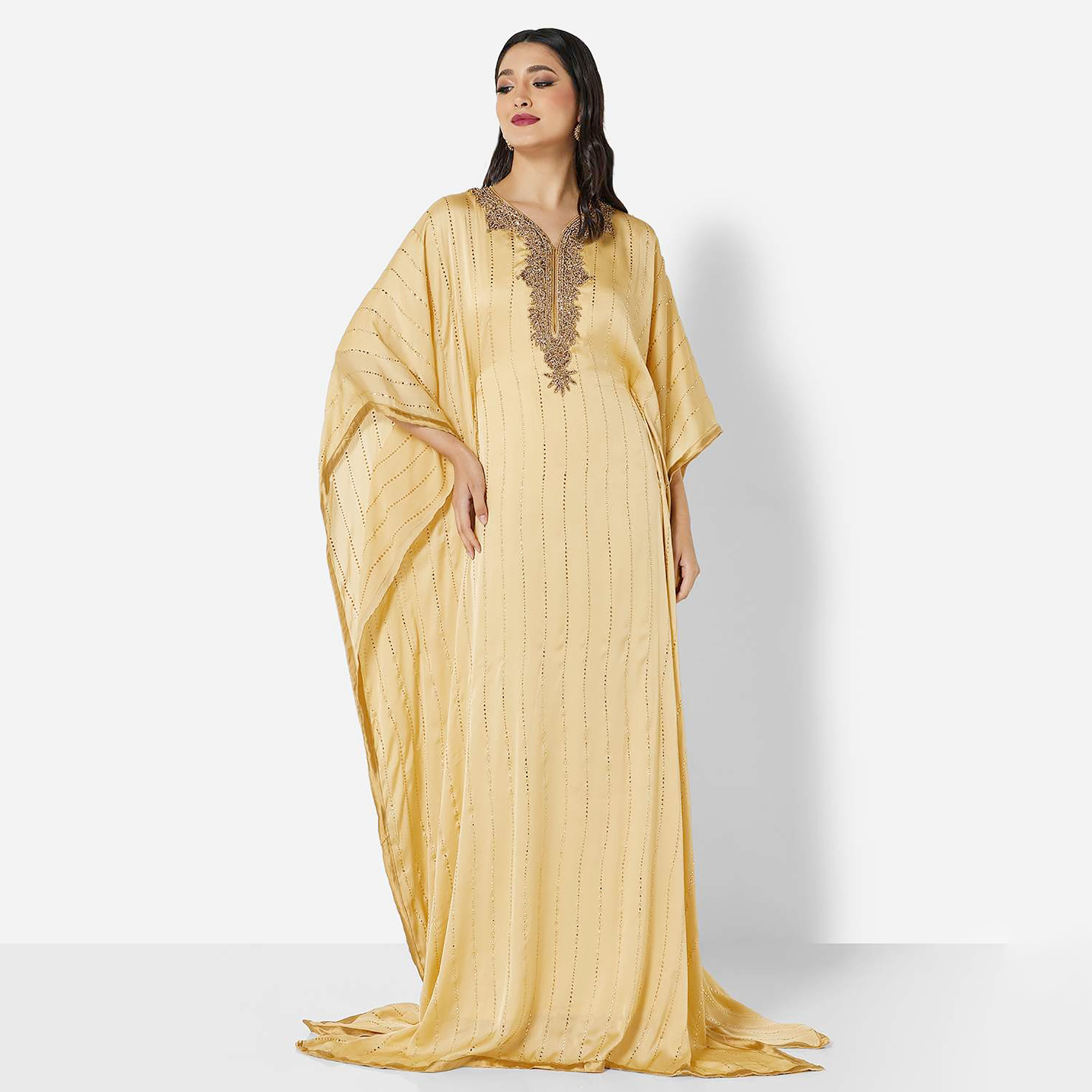 هناء وسارة جلابية نسائية ذات رقبة ماسية وأكمام واسعة باللون الأصفر-women-arabicclothing-jalabiyas-image-1