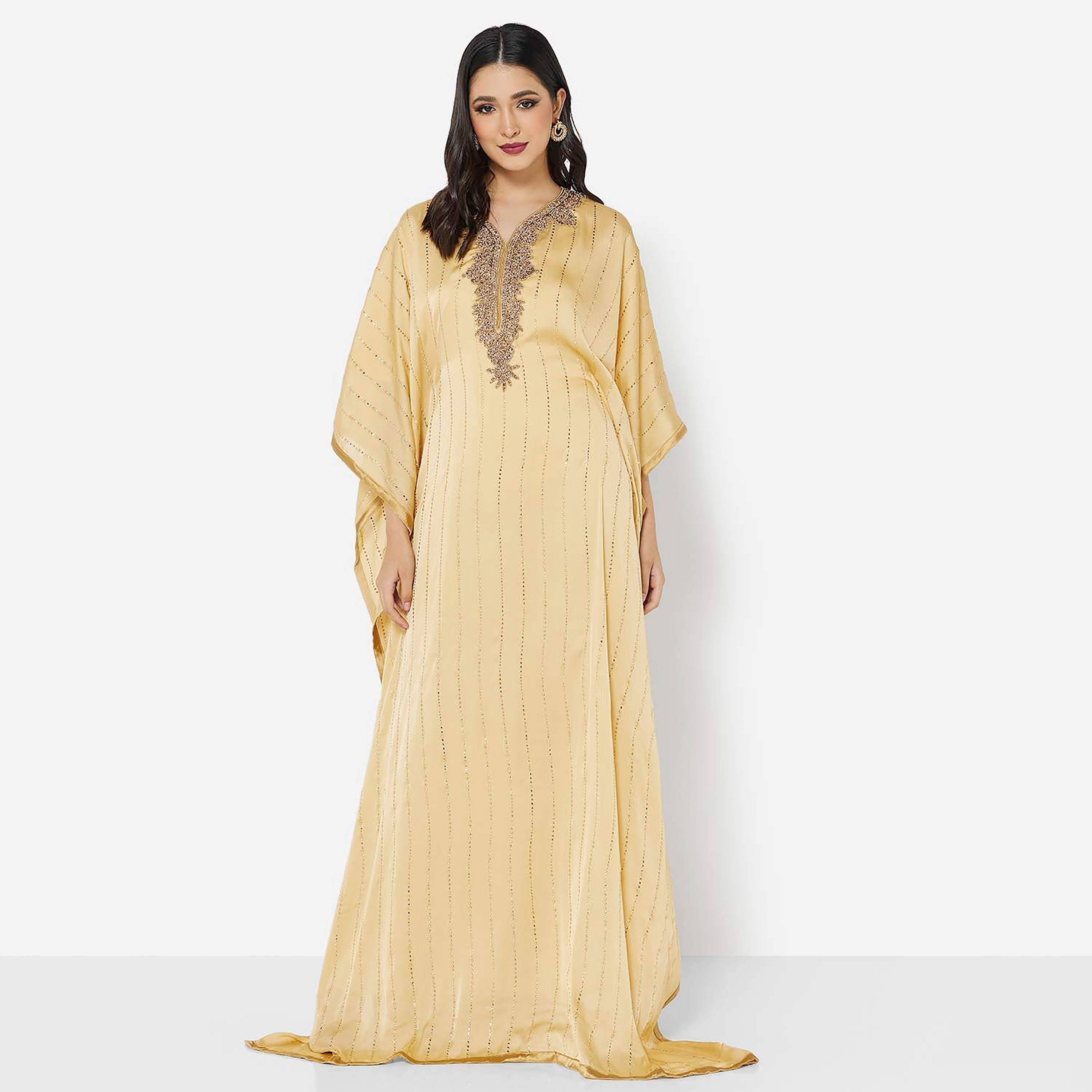 هناء وسارة جلابية نسائية ذات رقبة ماسية وأكمام واسعة باللون الأصفر-women-arabicclothing-jalabiyas-image-3