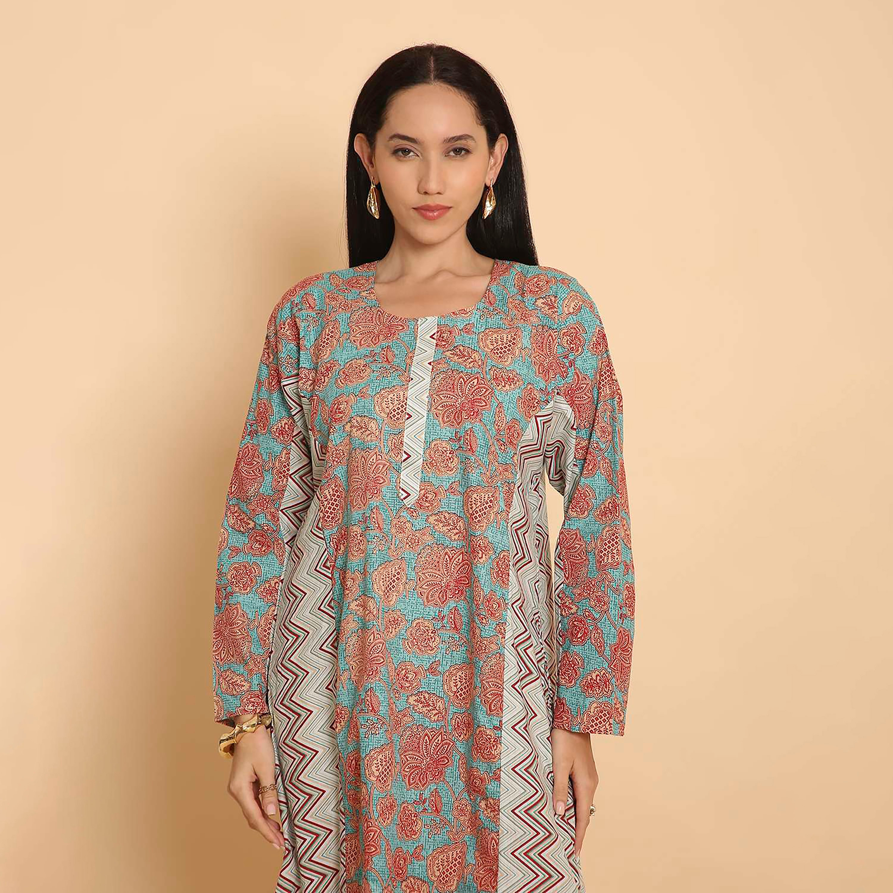جلابية نسائية بطبعة زهور وتصميم أجزاء "شيفرون" متعددة الألوان من هنا اند سارة-women-arabicclothing-jalabiyas-image-2
