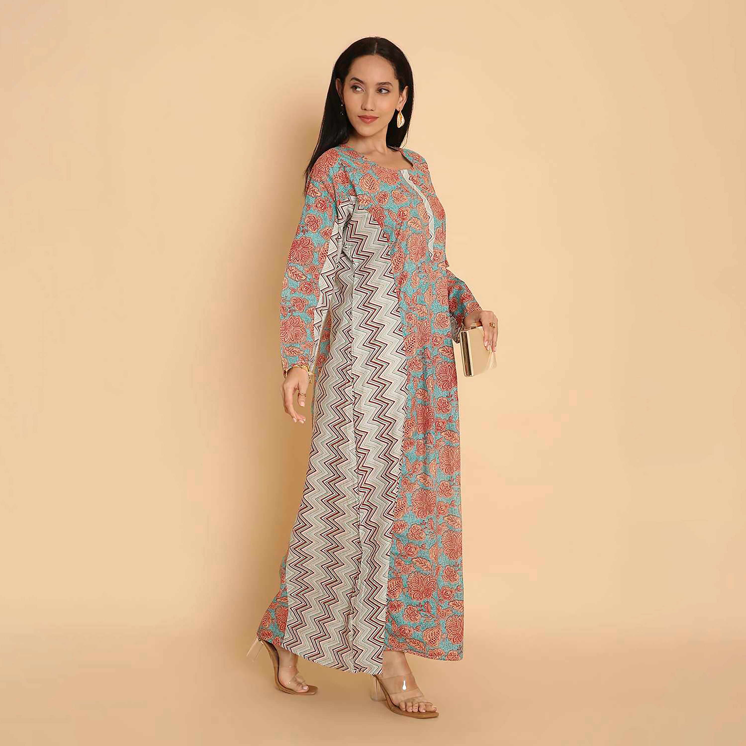 HanaandSara Multicolour Floral & Chevron Panel Women's Jalabiya-women-arabicclothing-jalabiyas-image-3