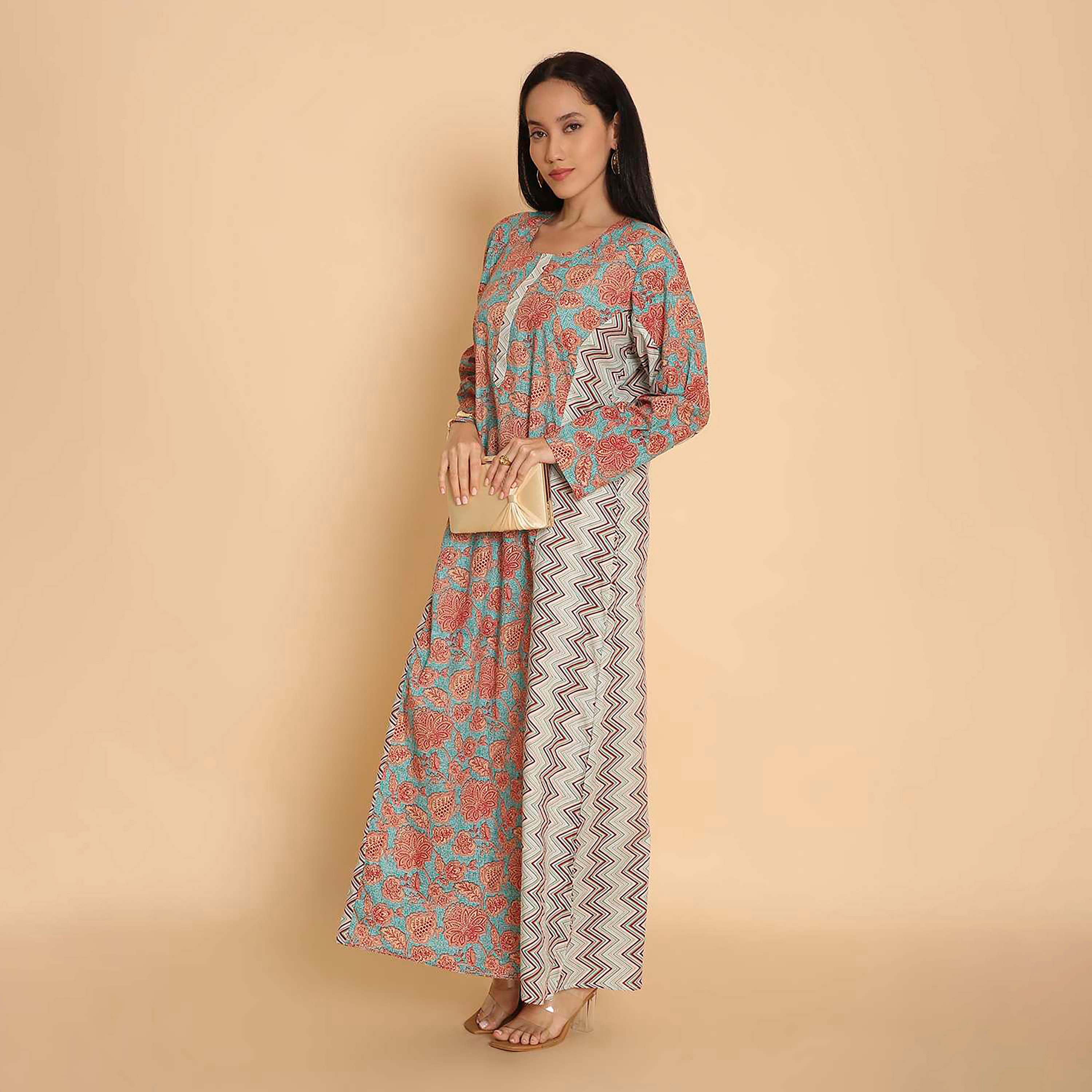 HanaandSara Multicolour Floral & Chevron Panel Women's Jalabiya-women-arabicclothing-jalabiyas-image-4