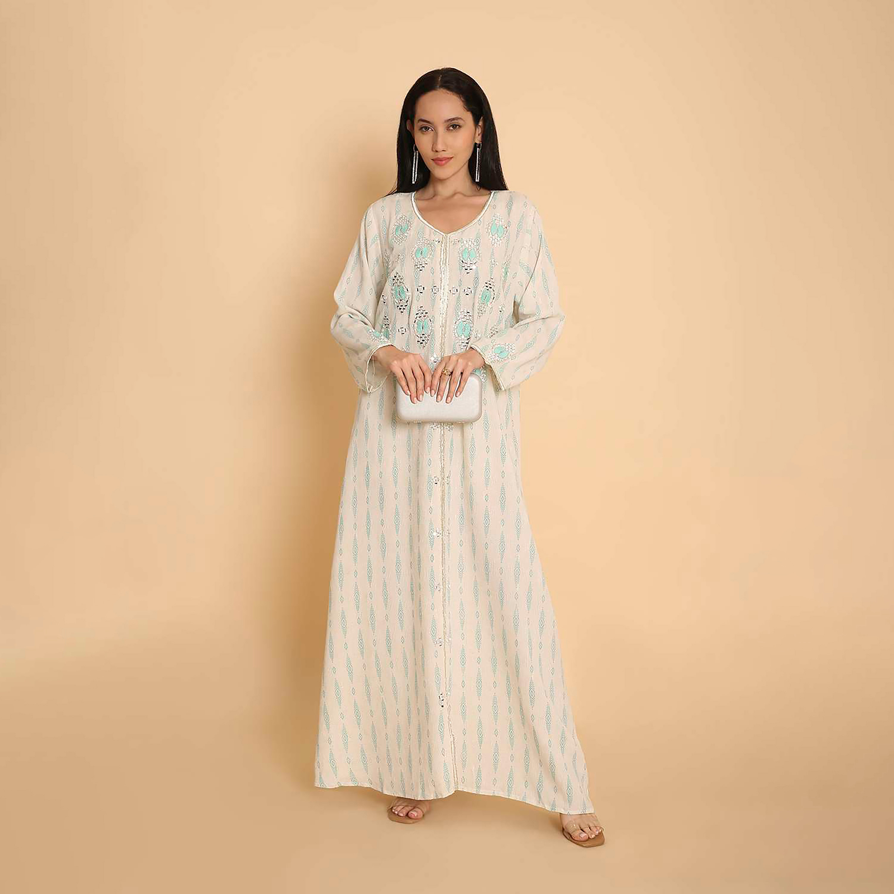 جلابية نسائية بطبعة هندسية - أبيض من هنا اند سارة-women-arabicclothing-jalabiyas-image-1