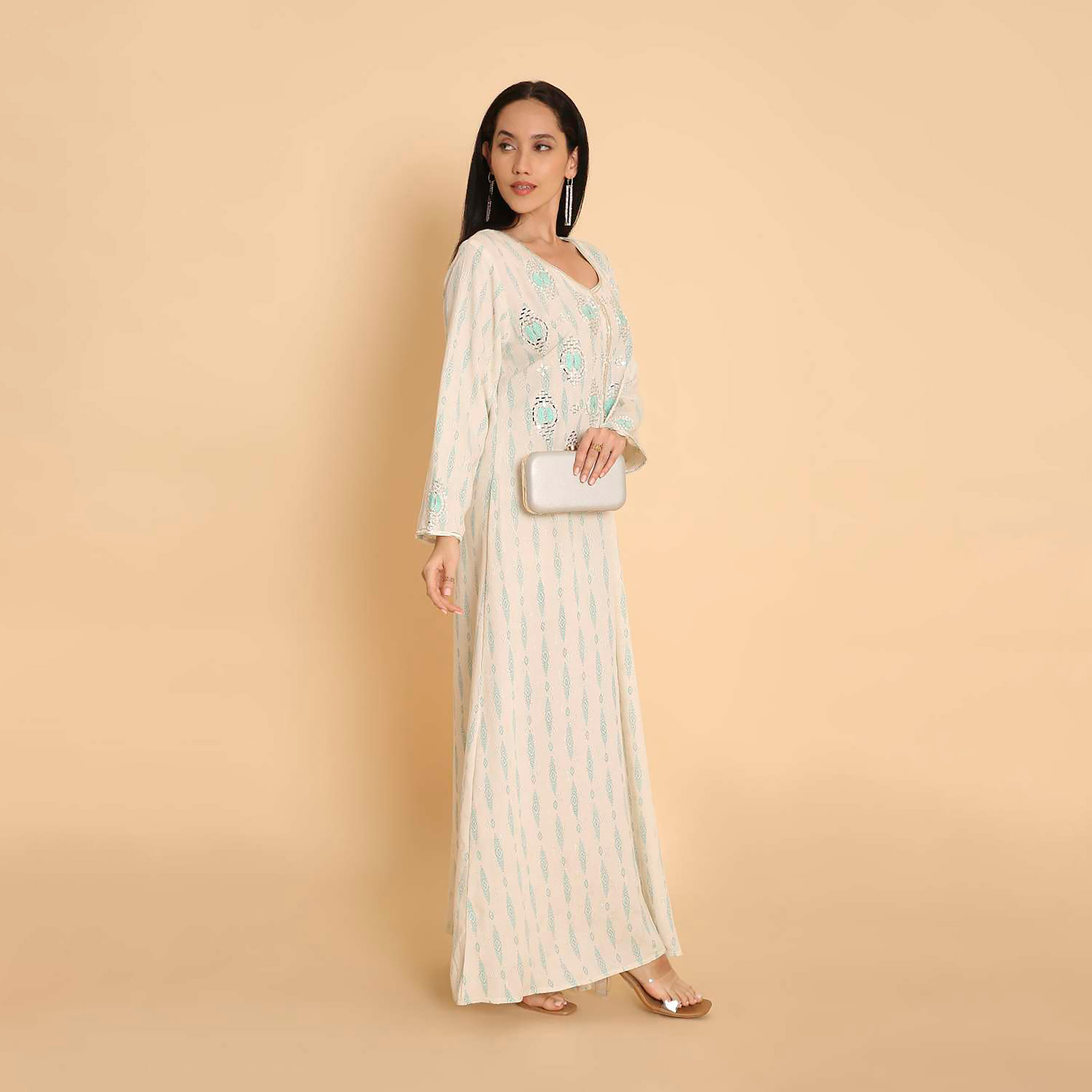 HanaandSara White Geometric Print Women's Jalabiya-women-arabicclothing-jalabiyas-image-3