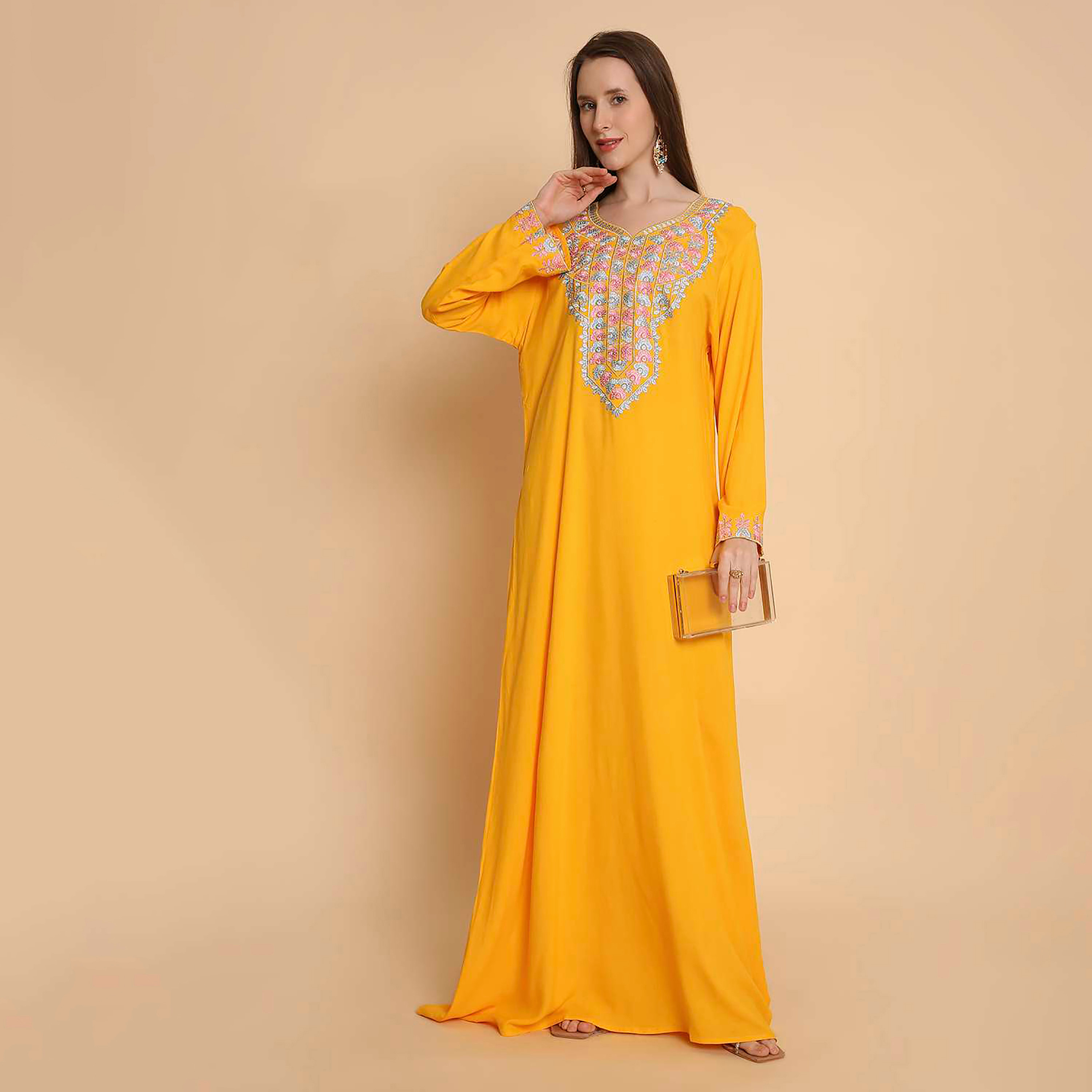 جلابية نسائية بصدرية مطرزة من هنا اند سارة-women-arabicclothing-jalabiyas-image-1