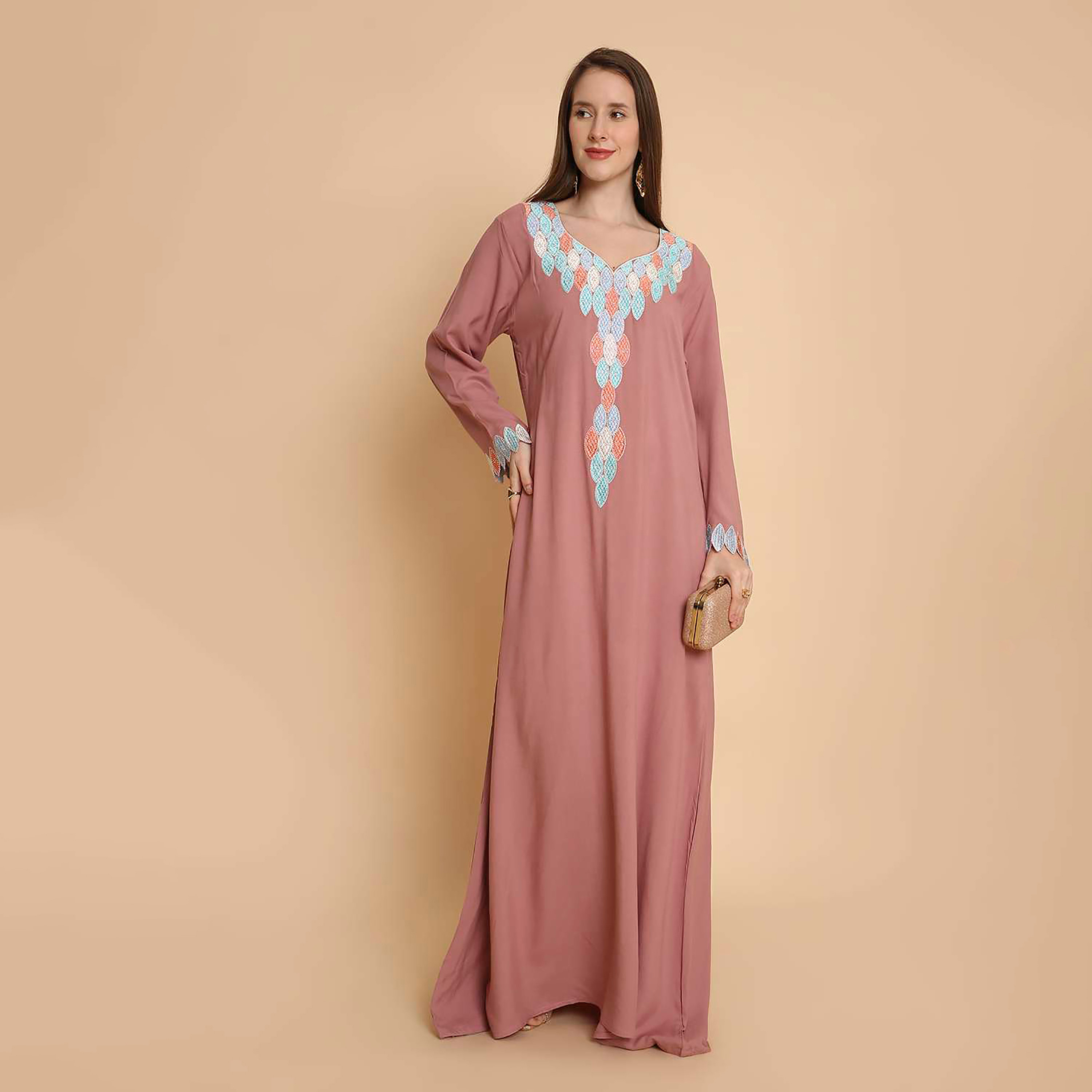 HanaandSara Embroidered Yoke Scalloped Cuff Sleeves Women's Jalabiya-women-arabicclothing-jalabiyas-image-1