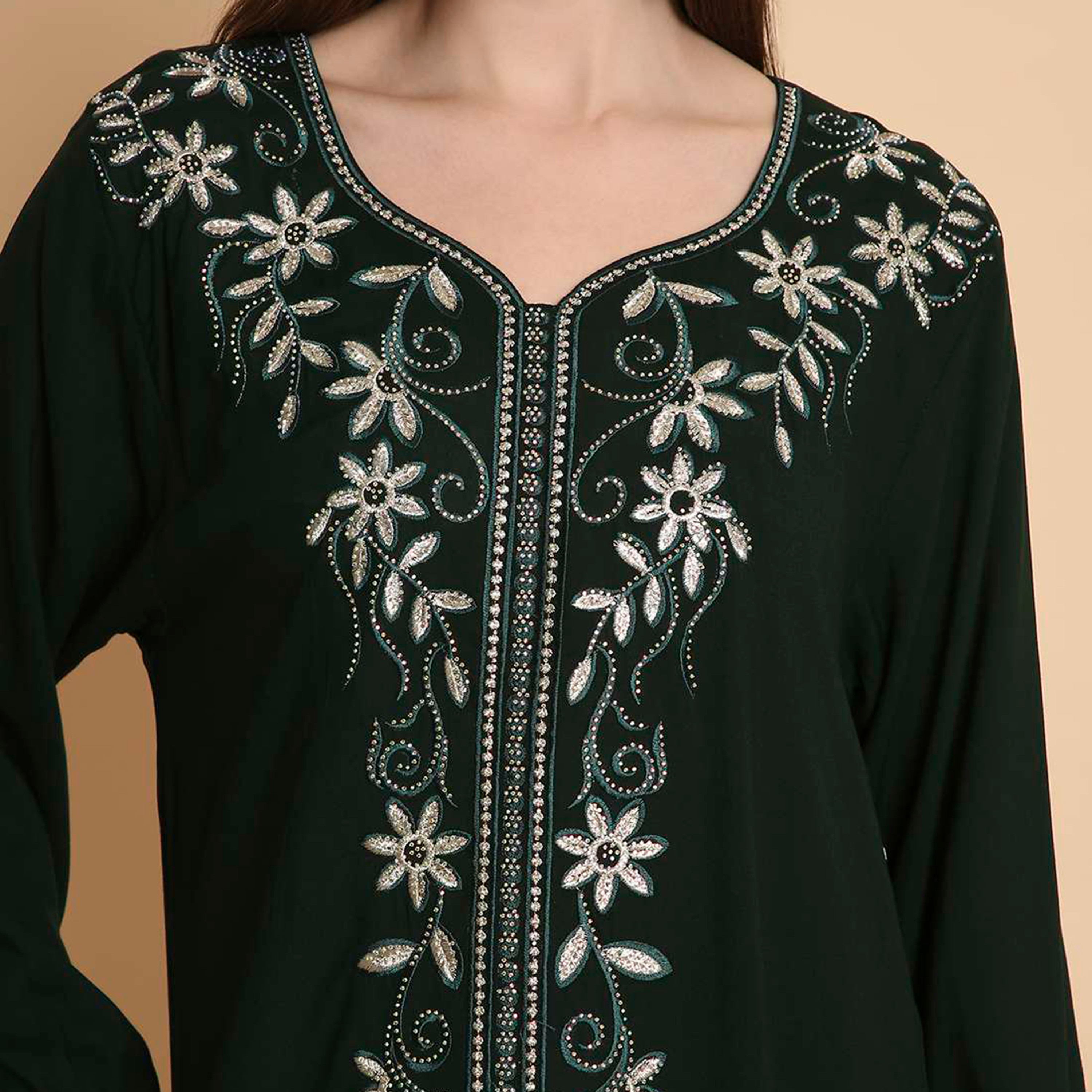 HanaandSara Floral Embroidered Yoke Women's Jalabiya-women-arabicclothing-jalabiyas-image-3