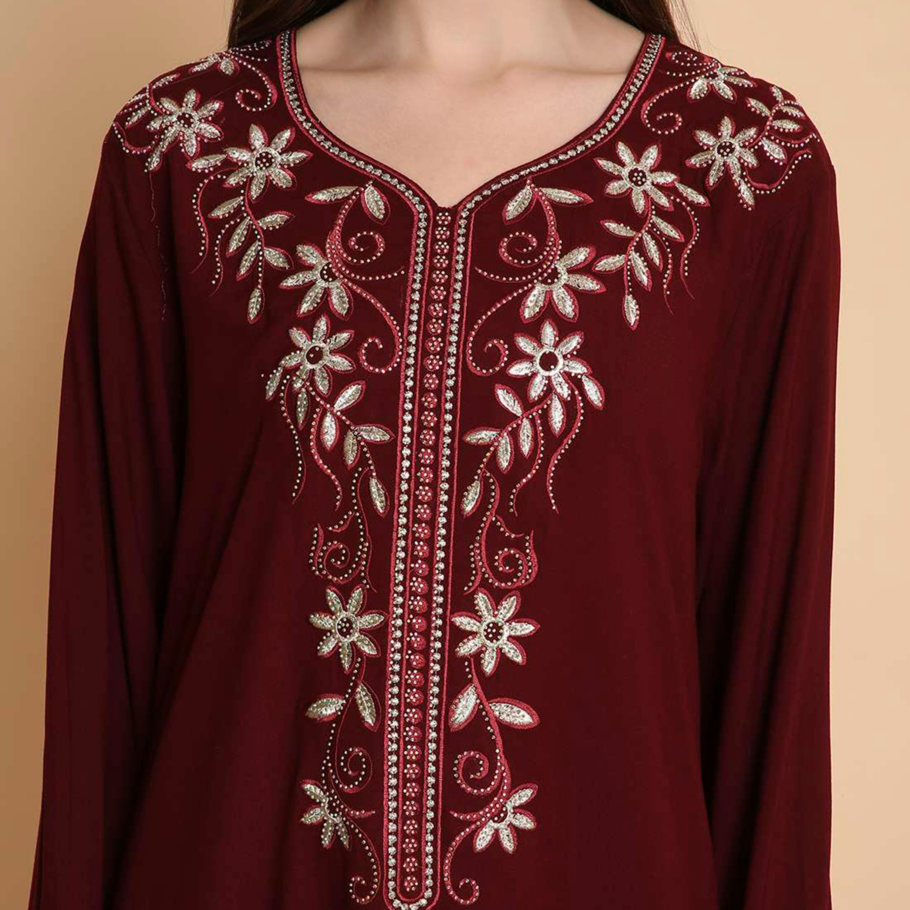 HanaandSara Floral Embroidered Yoke Women's Jalabiya-women-arabicclothing-jalabiyas-image-9