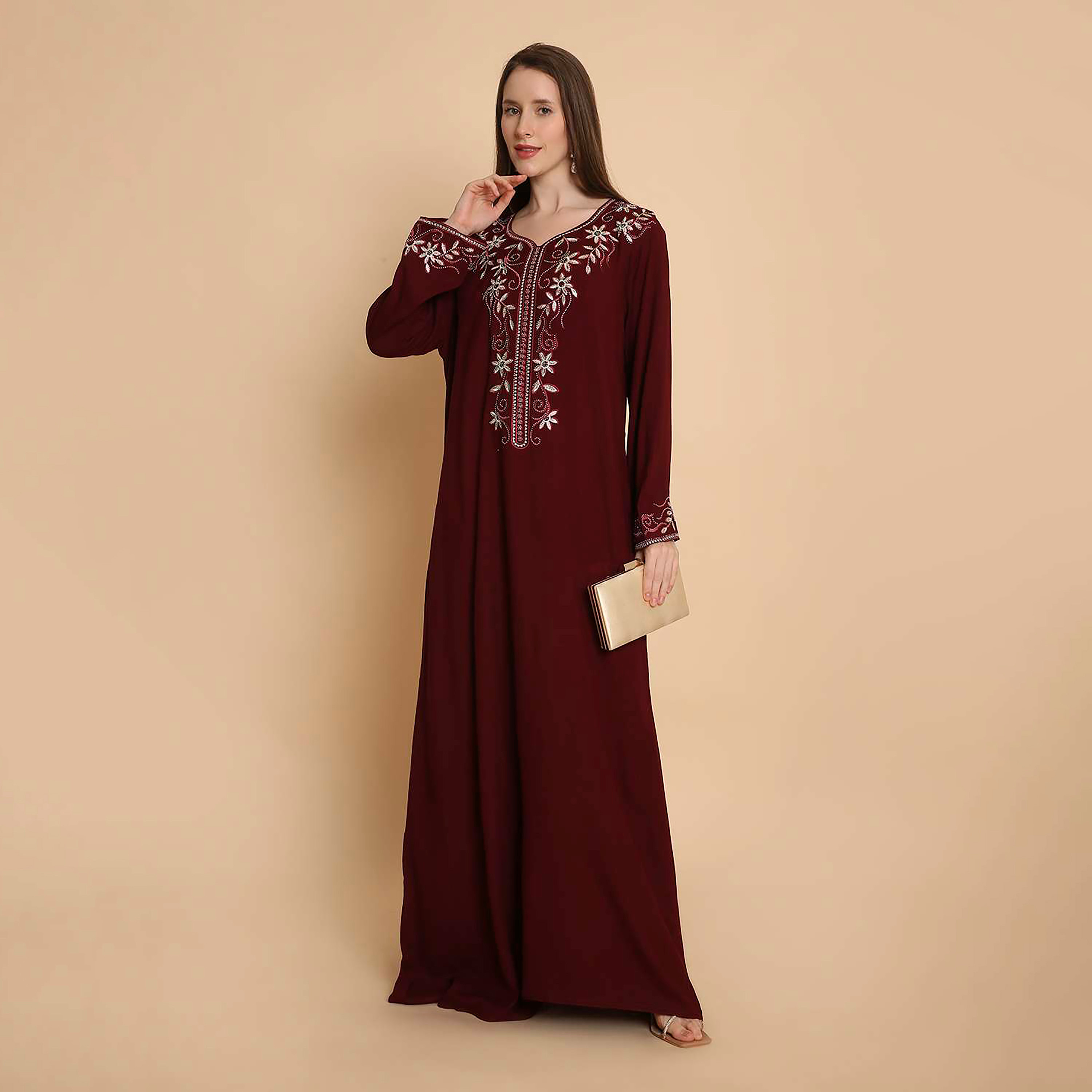 HanaandSara Floral Embroidered Yoke Women's Jalabiya-women-arabicclothing-jalabiyas-image-10
