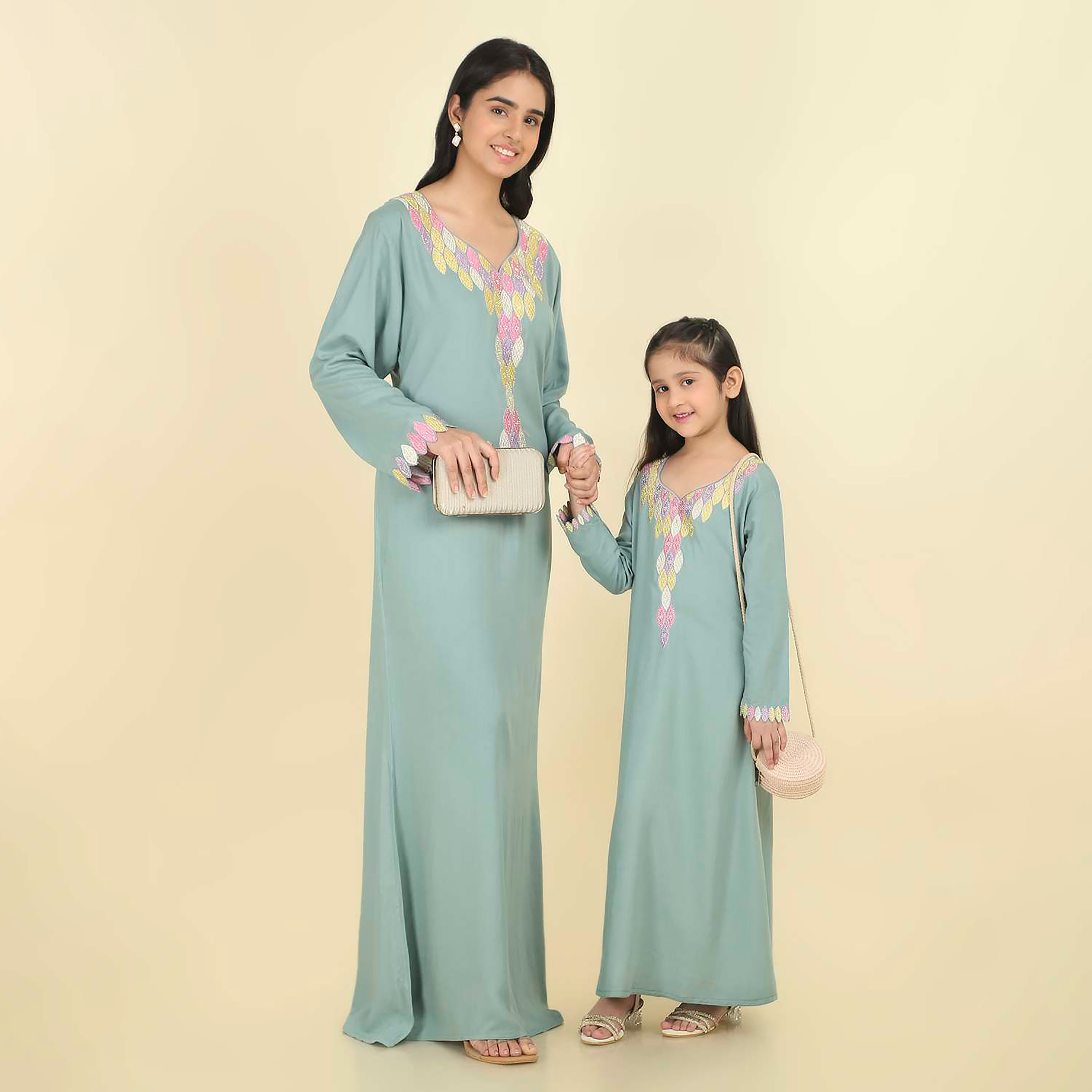 HanaandSara Embroidered Yoke Scalloped Cuff Sleeves Girls Jalabiya-girls-arabicclothing-jalabiyas-image-2