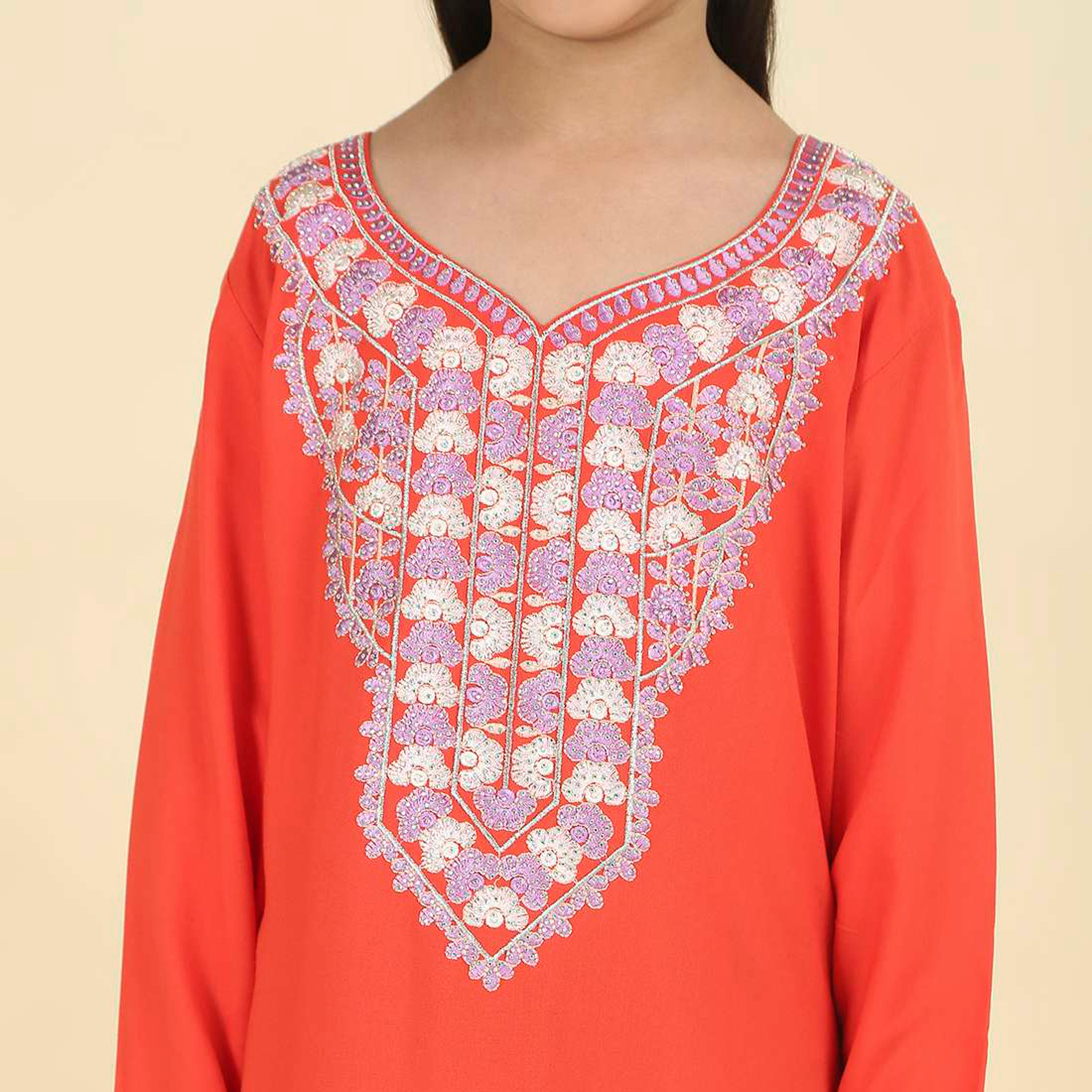 HanaandSara Embroidered Yoke Scalloped Cuff Sleeves Girls Jalabiya-girls-arabicclothing-jalabiyas-image-3