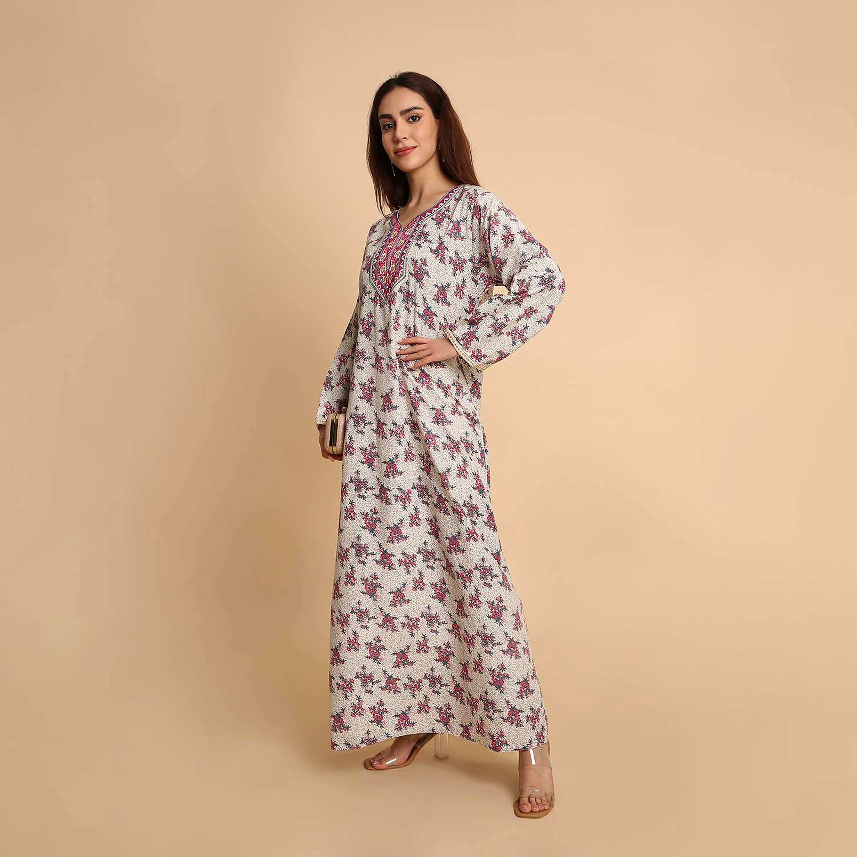 HanaandSara Floral Print Embroidered Cuff Sleeves Women's Jalabiya-women-arabicclothing-jalabiyas-image-3