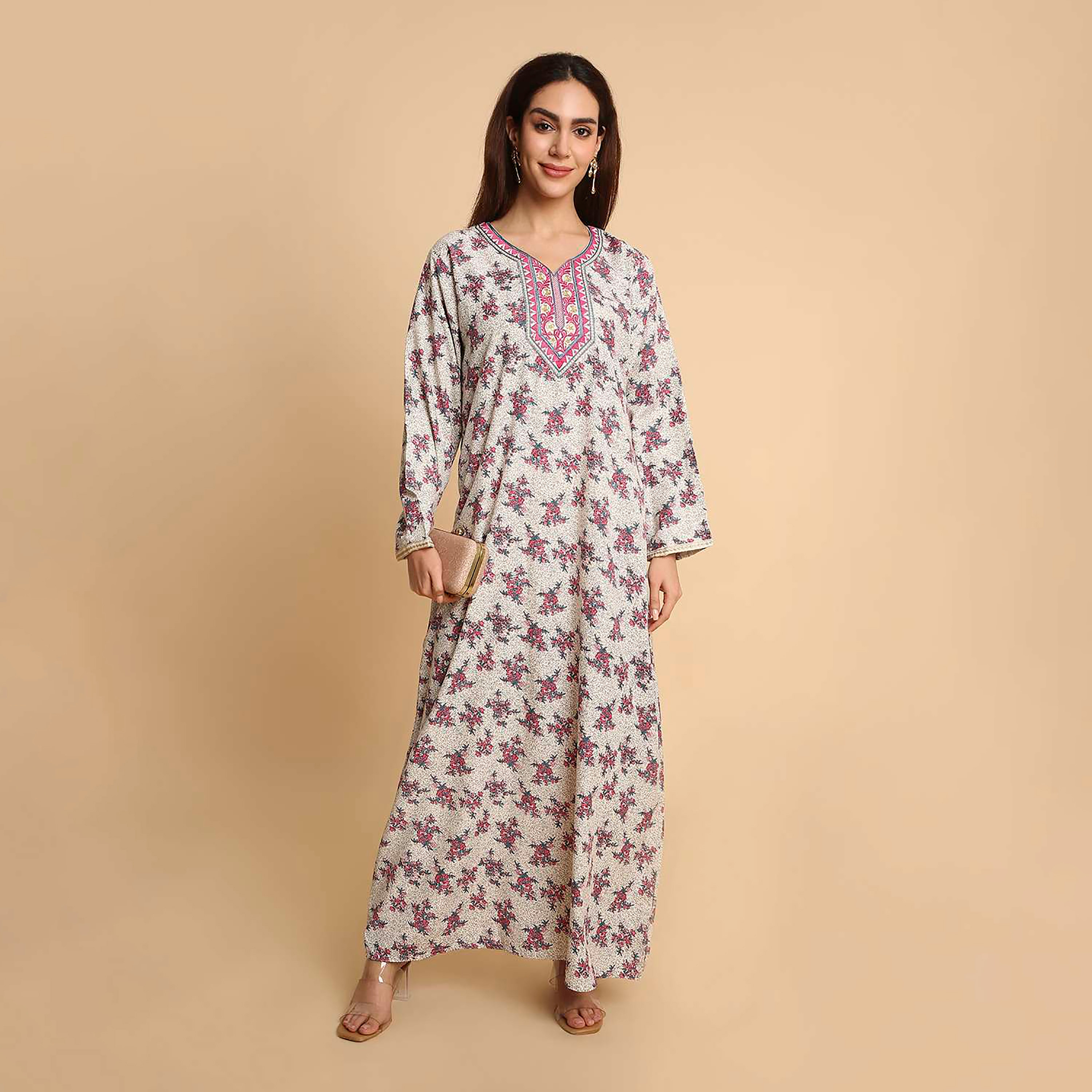HanaandSara Floral Print Embroidered Cuff Sleeves Women's Jalabiya-women-arabicclothing-jalabiyas-image-4