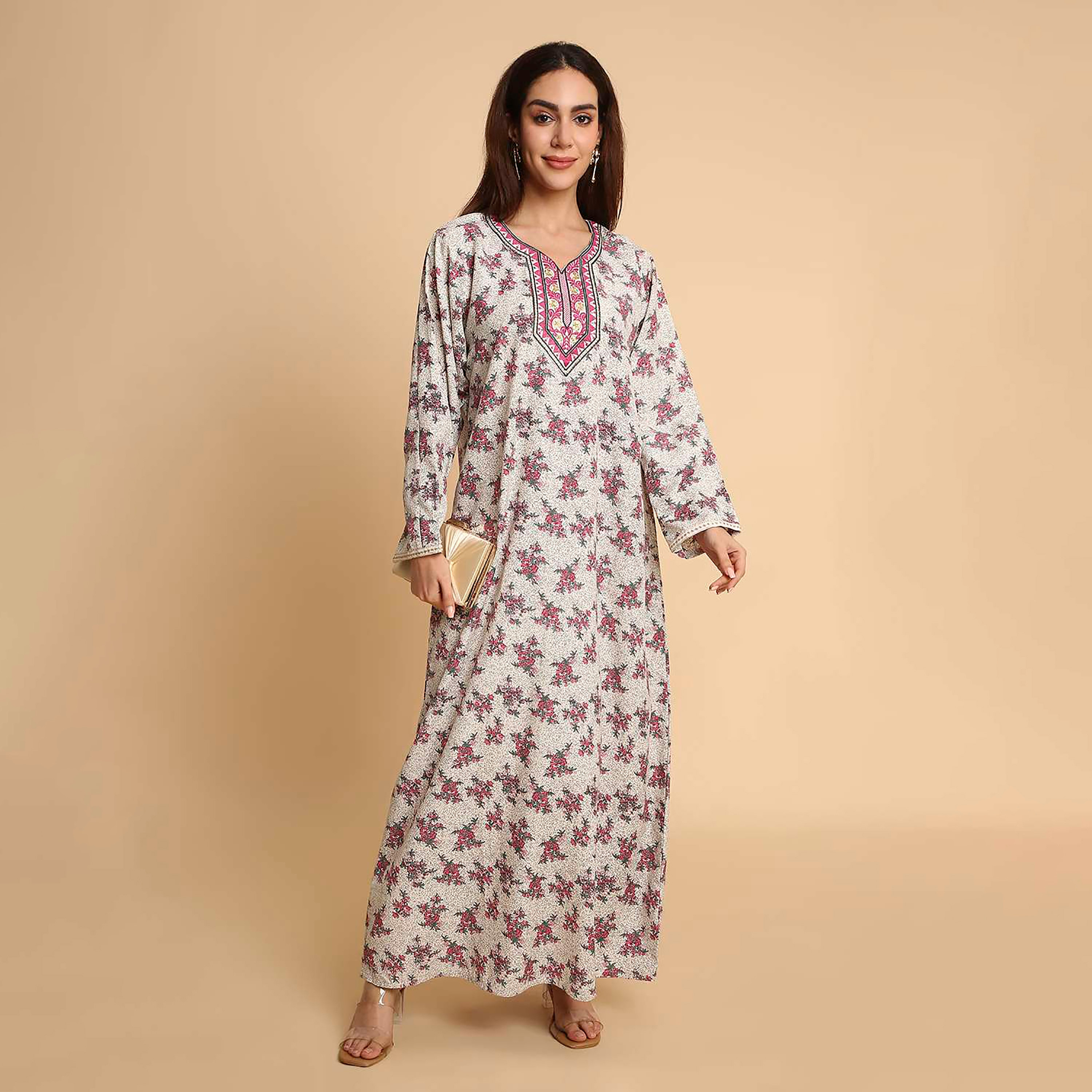 جلابية نسائية بطبعة زهور وأكمام مطرزة الأطراف من هنا اند سارة-women-arabicclothing-jalabiyas-image-11