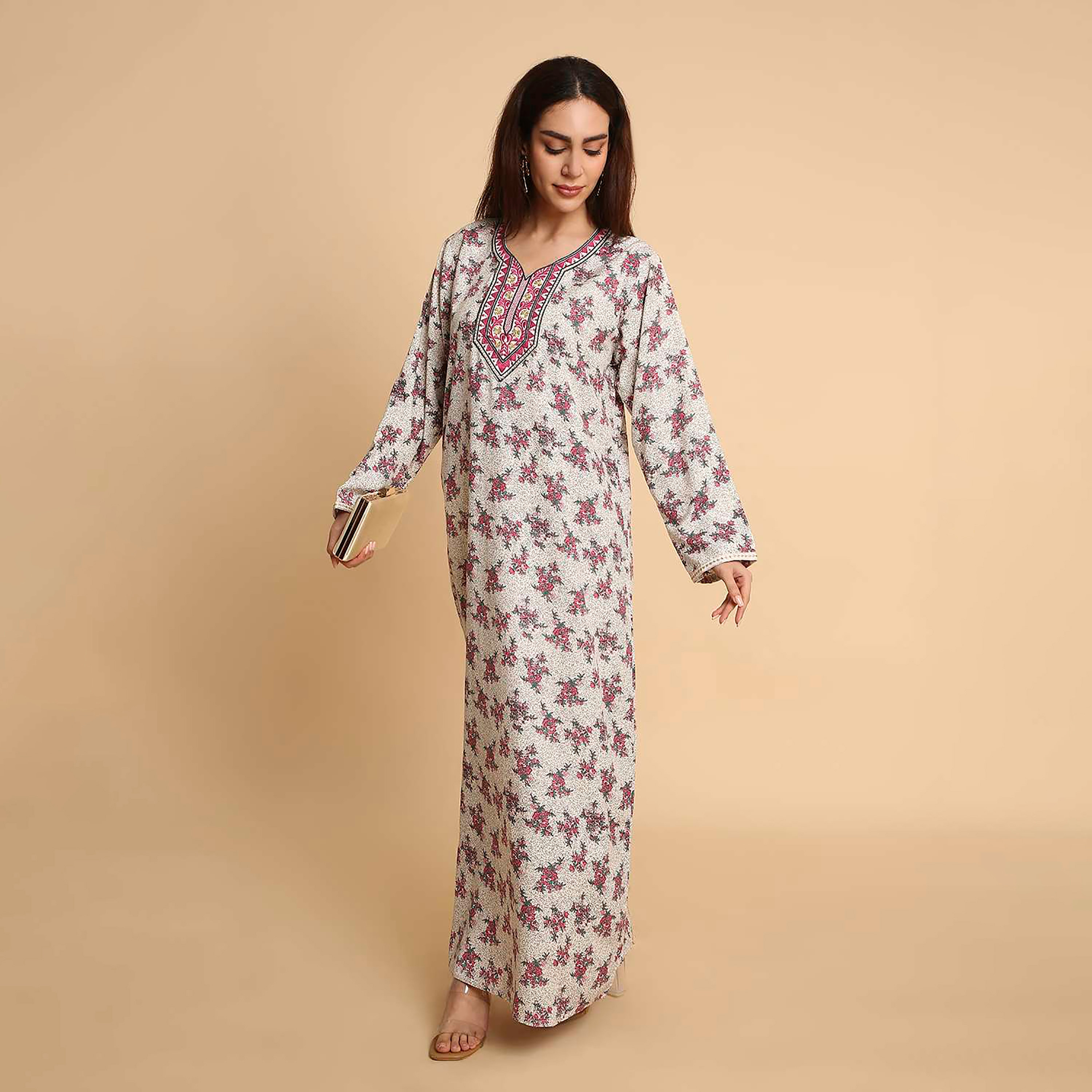 جلابية نسائية بطبعة زهور وأكمام مطرزة الأطراف من هنا اند سارة-women-arabicclothing-jalabiyas-image-13