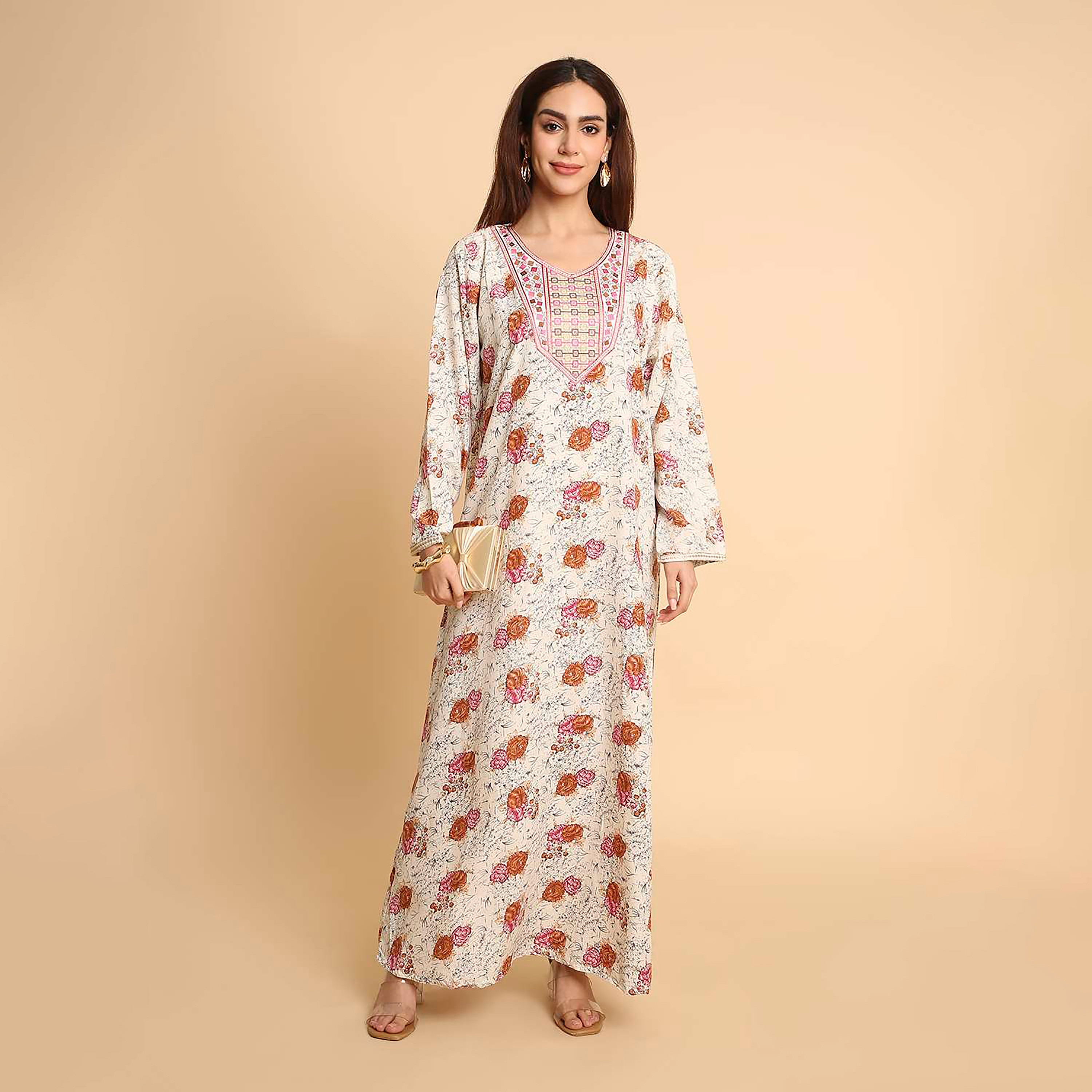 جلابية نسائية بطبعة زهور وأكمام مطرزة الأطراف من هنا اند سارة-women-arabicclothing-jalabiyas-image-1