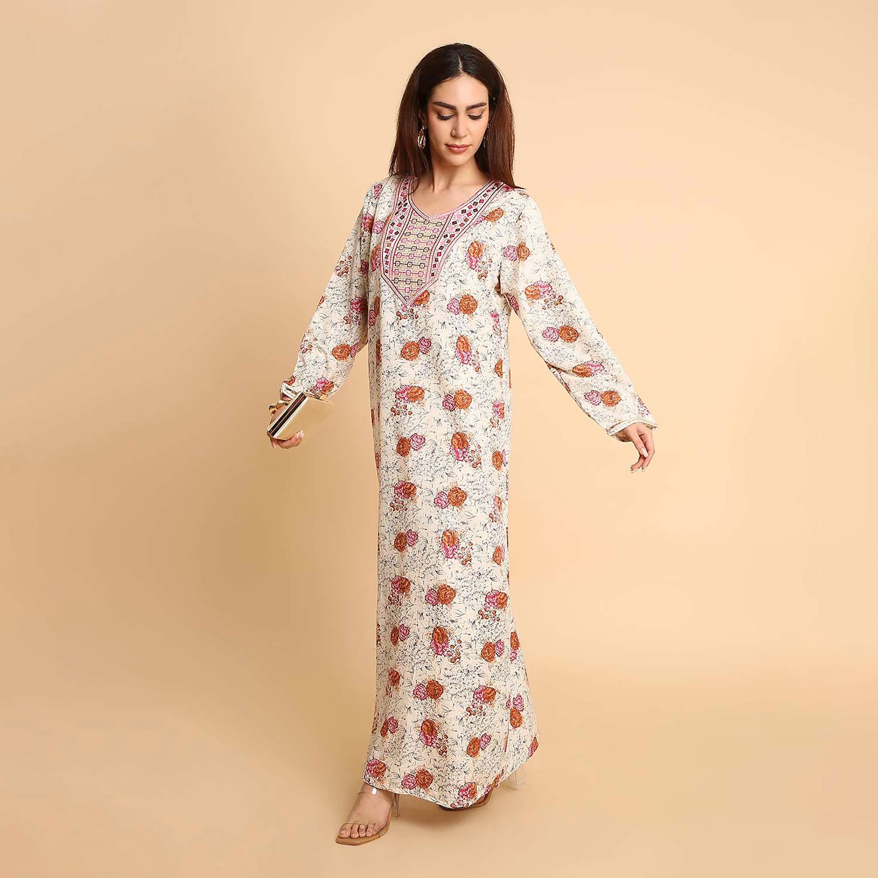 جلابية نسائية بطبعة زهور وأكمام مطرزة الأطراف من هنا اند سارة-women-arabicclothing-jalabiyas-image-3