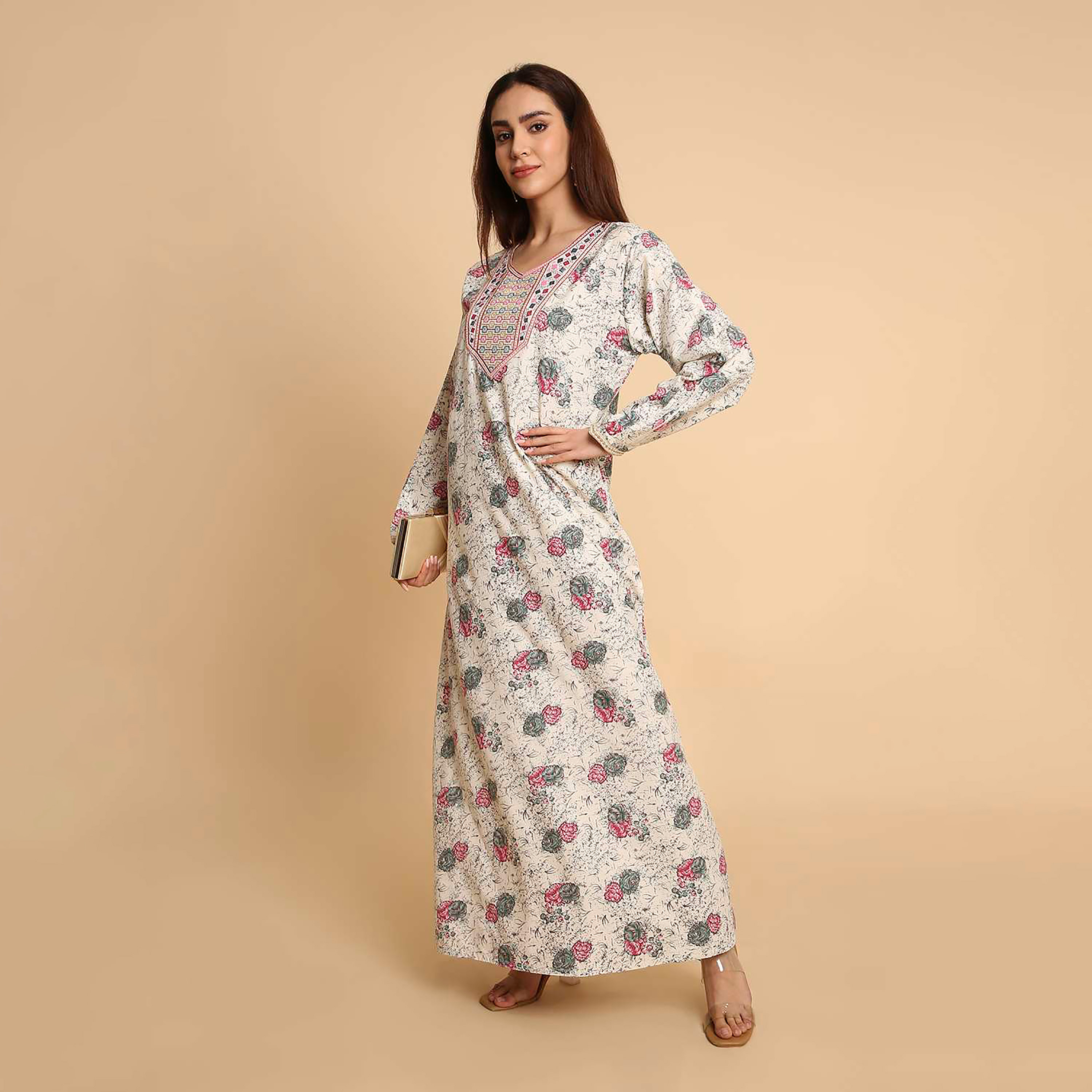 جلابية نسائية بطبعة زهور وأكمام مطرزة الأطراف من هنا اند سارة-women-arabicclothing-jalabiyas-image-8