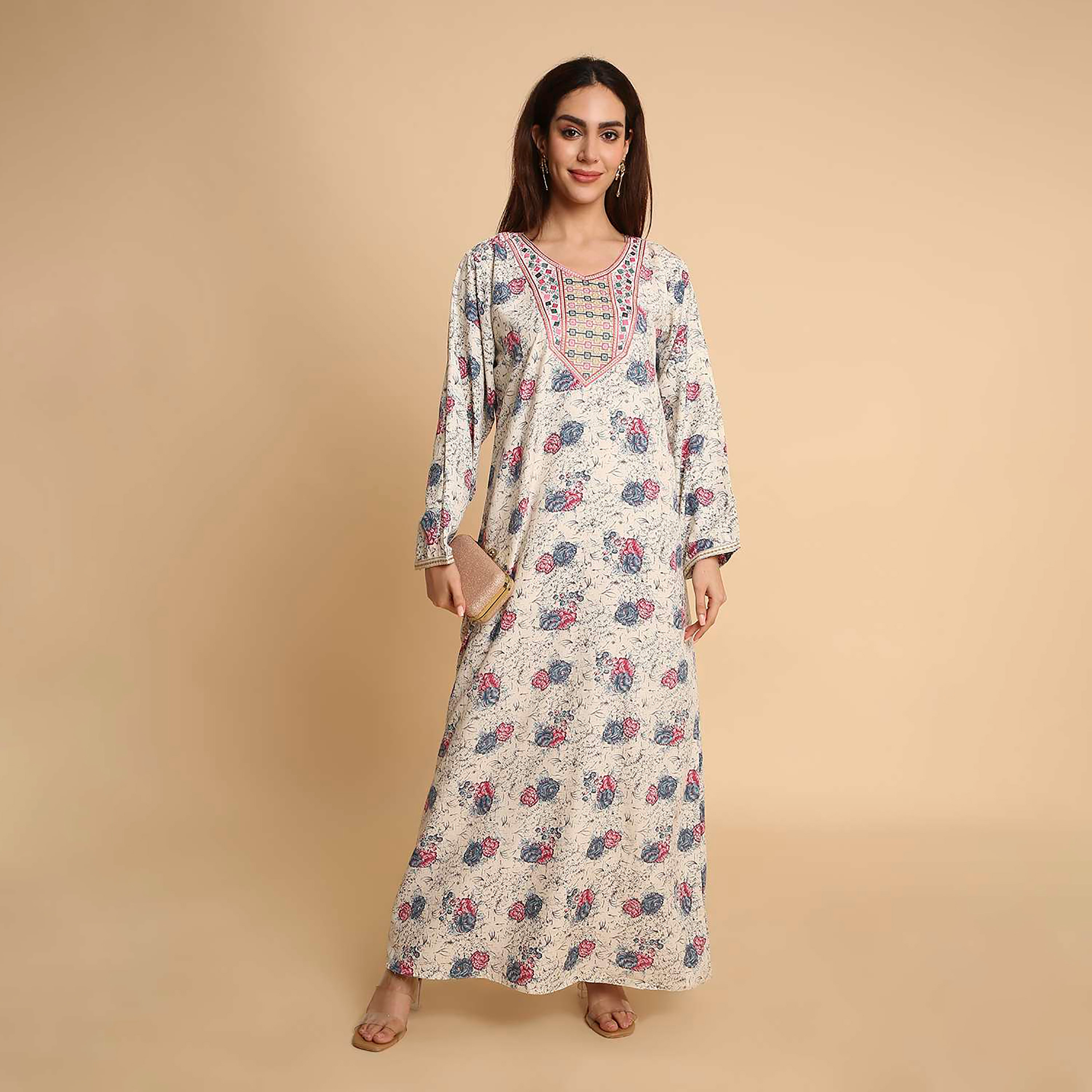 HanaandSara Floral Print Embroidered Cuff Sleeves Women's Jalabiya-women-arabicclothing-jalabiyas-image-1