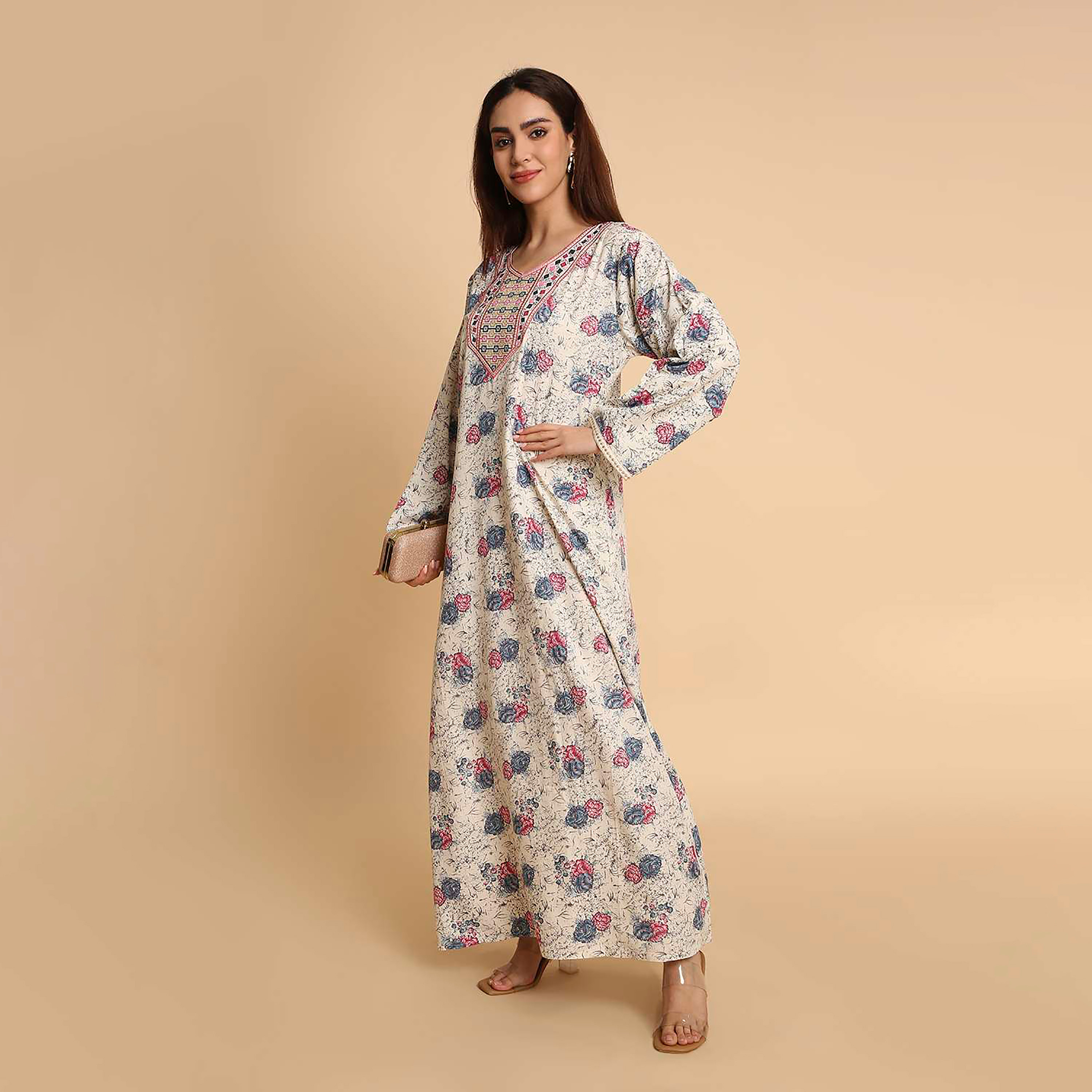 HanaandSara Floral Print Embroidered Cuff Sleeves Women's Jalabiya-women-arabicclothing-jalabiyas-image-3