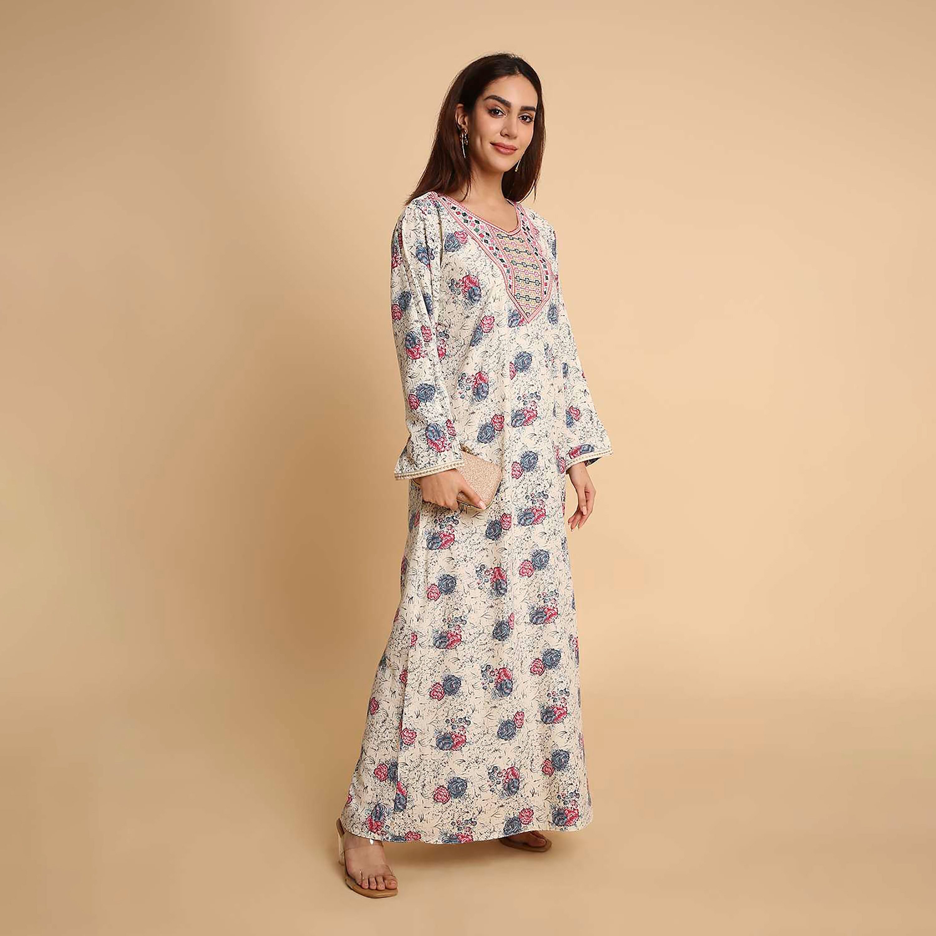 HanaandSara Floral Print Embroidered Cuff Sleeves Women's Jalabiya-women-arabicclothing-jalabiyas-image-4