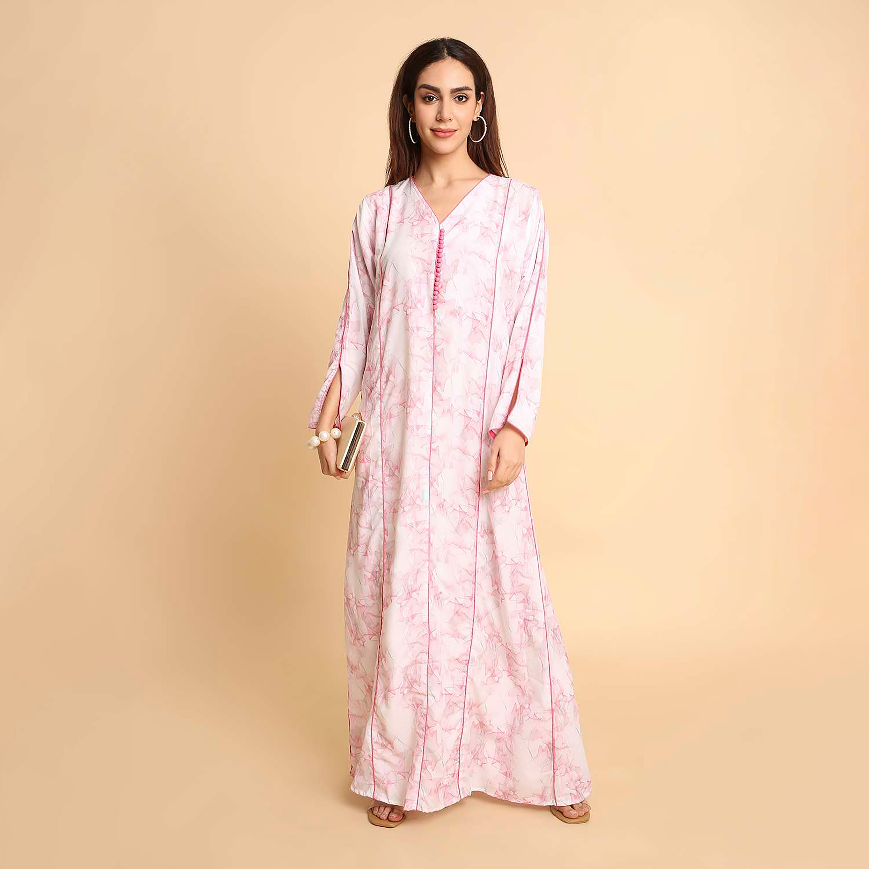 HanaandSara Abstract Marble Print Slit Detailed Sleeves Women's Jalabiya-women-arabicclothing-jalabiyas-image-11