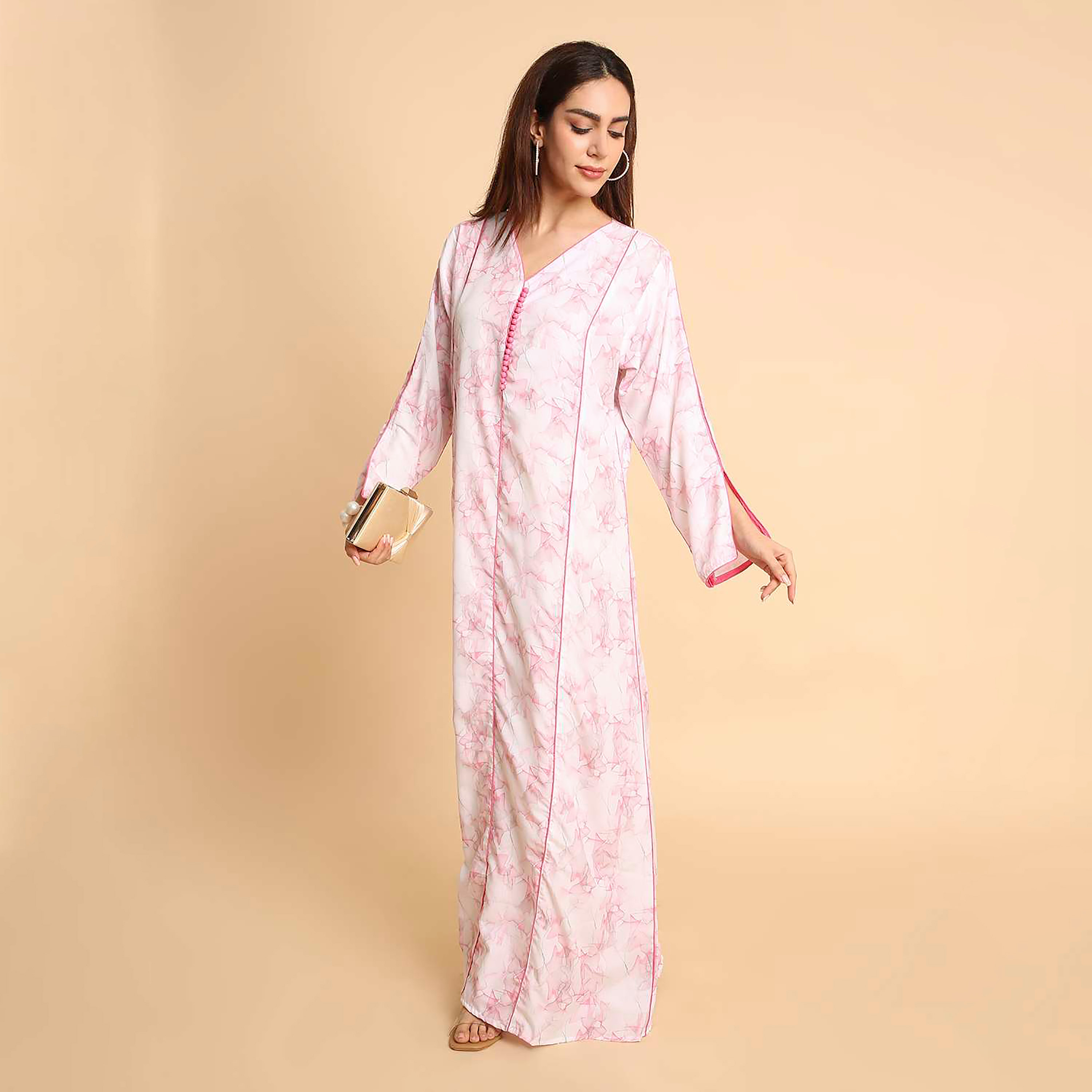 HanaandSara Abstract Marble Print Slit Detailed Sleeves Women's Jalabiya-women-arabicclothing-jalabiyas-image-13