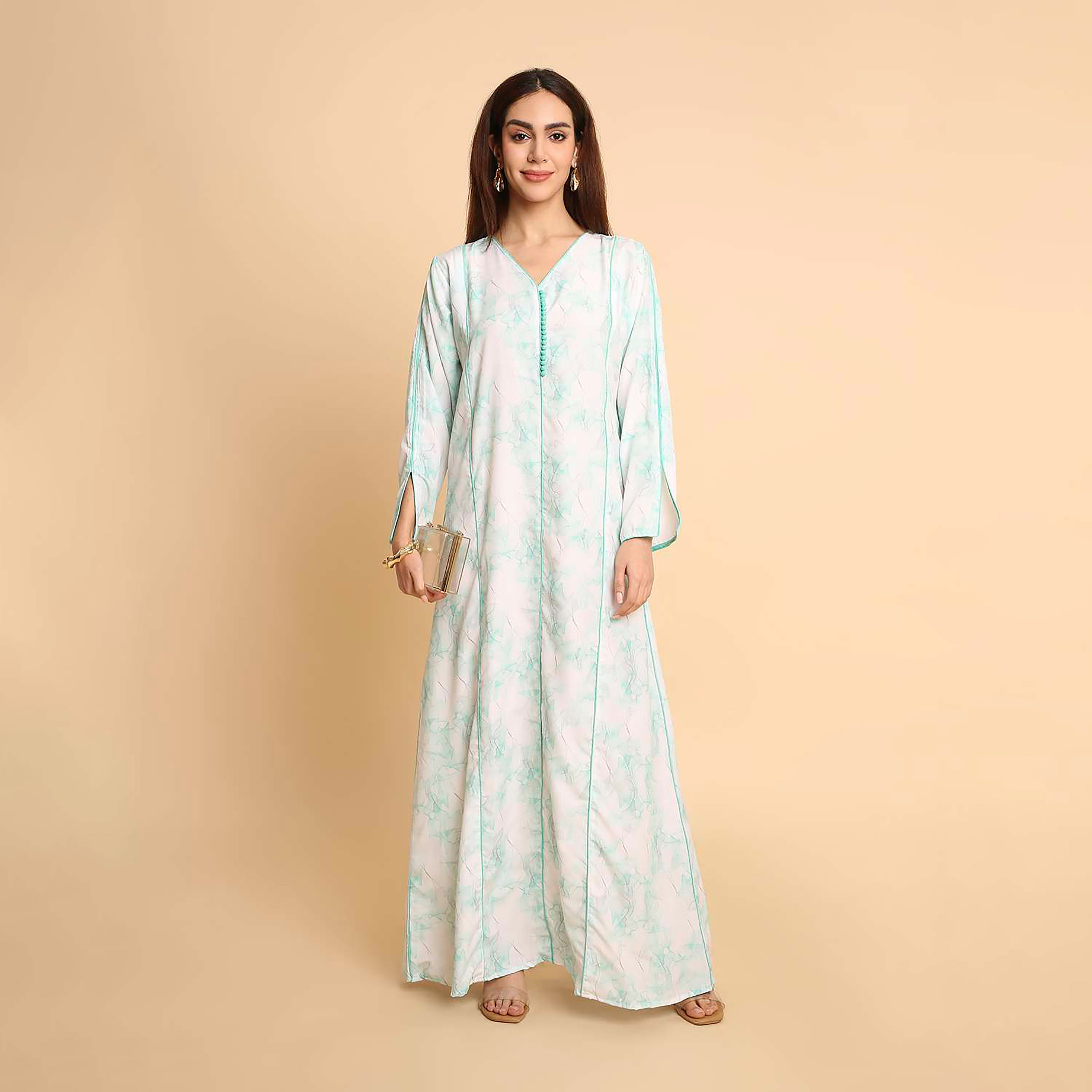 HanaandSara Abstract Marble Print Slit Detailed Sleeves Women's Jalabiya-women-arabicclothing-jalabiyas-image-6