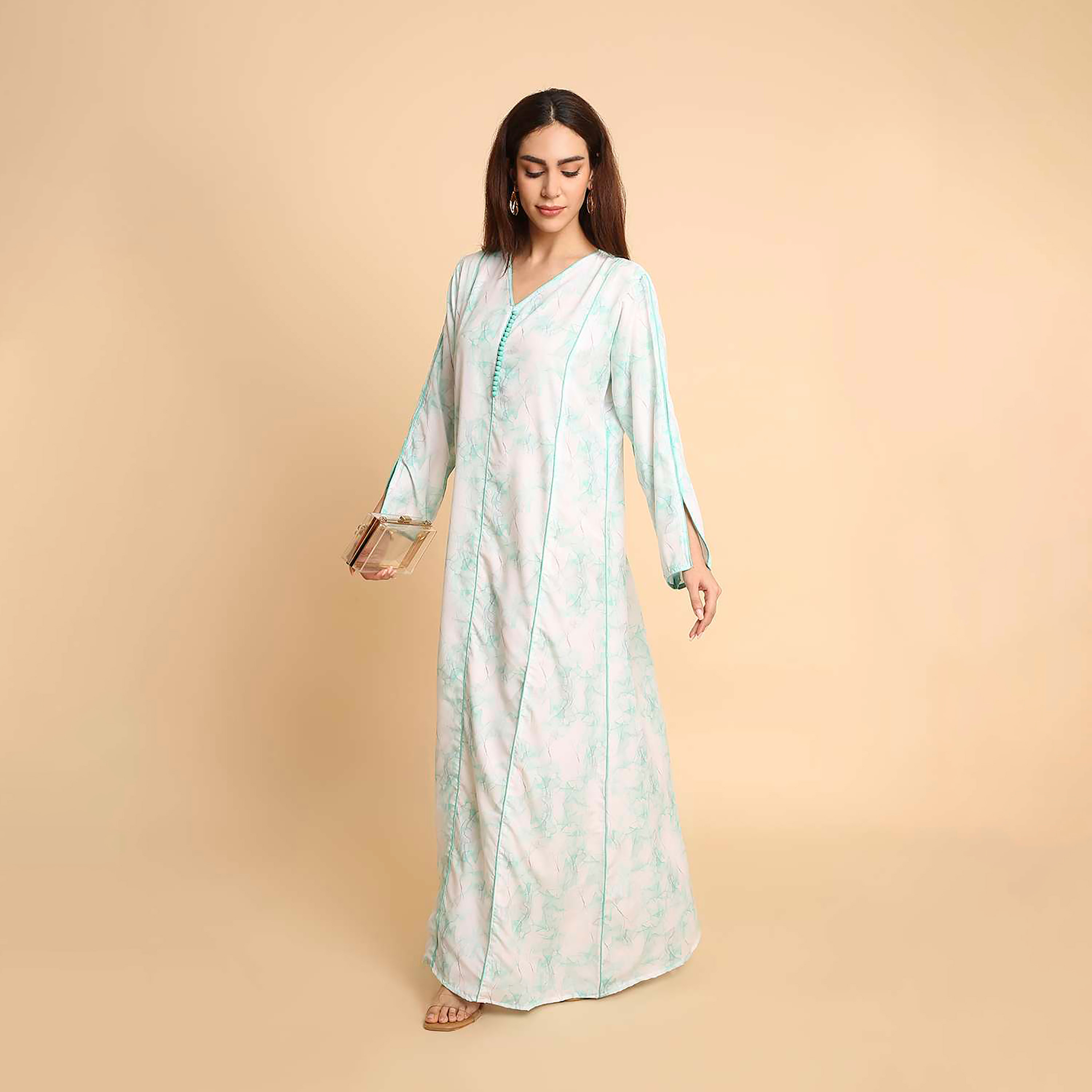HanaandSara Abstract Marble Print Slit Detailed Sleeves Women's Jalabiya-women-arabicclothing-jalabiyas-image-8