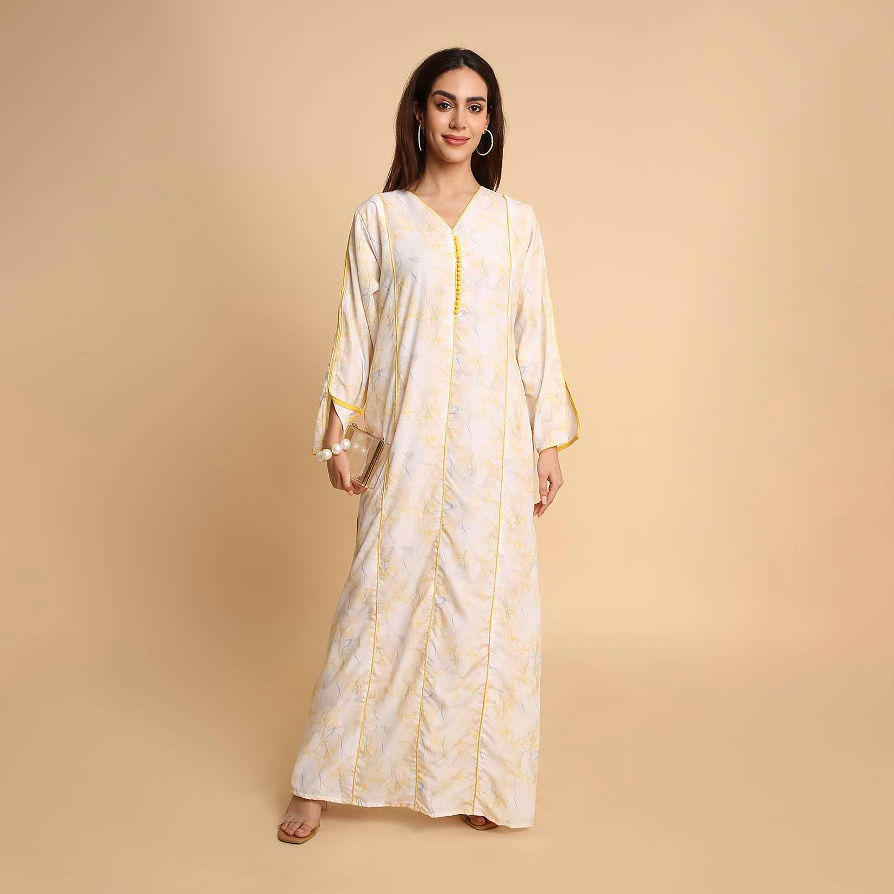 جلابية نسائية بطبعة رخامية تجريدية وأكمام مزينة بفتحة من هنا اند سارة-women-arabicclothing-jalabiyas-image-1