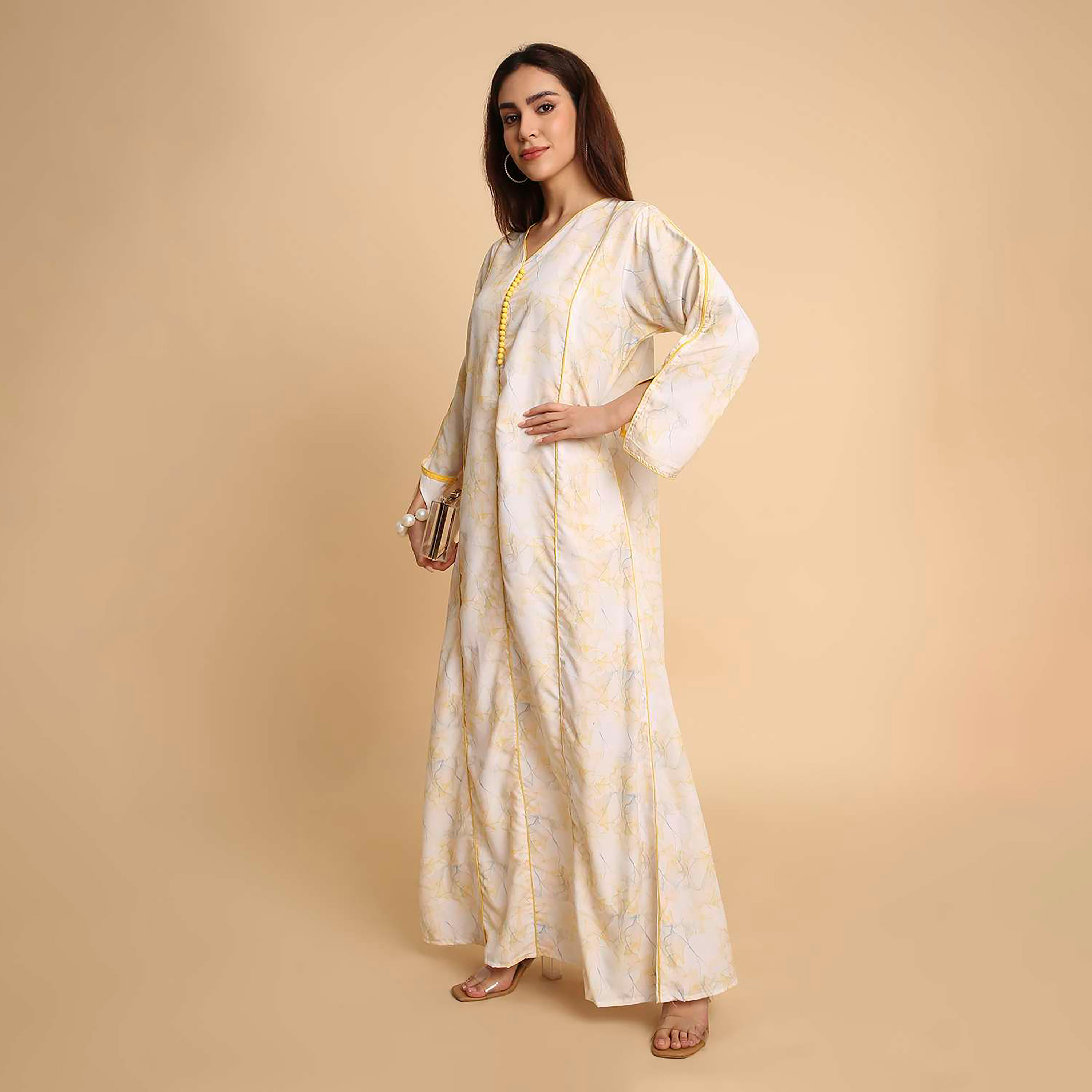 جلابية نسائية بطبعة رخامية تجريدية وأكمام مزينة بفتحة من هنا اند سارة-women-arabicclothing-jalabiyas-image-3