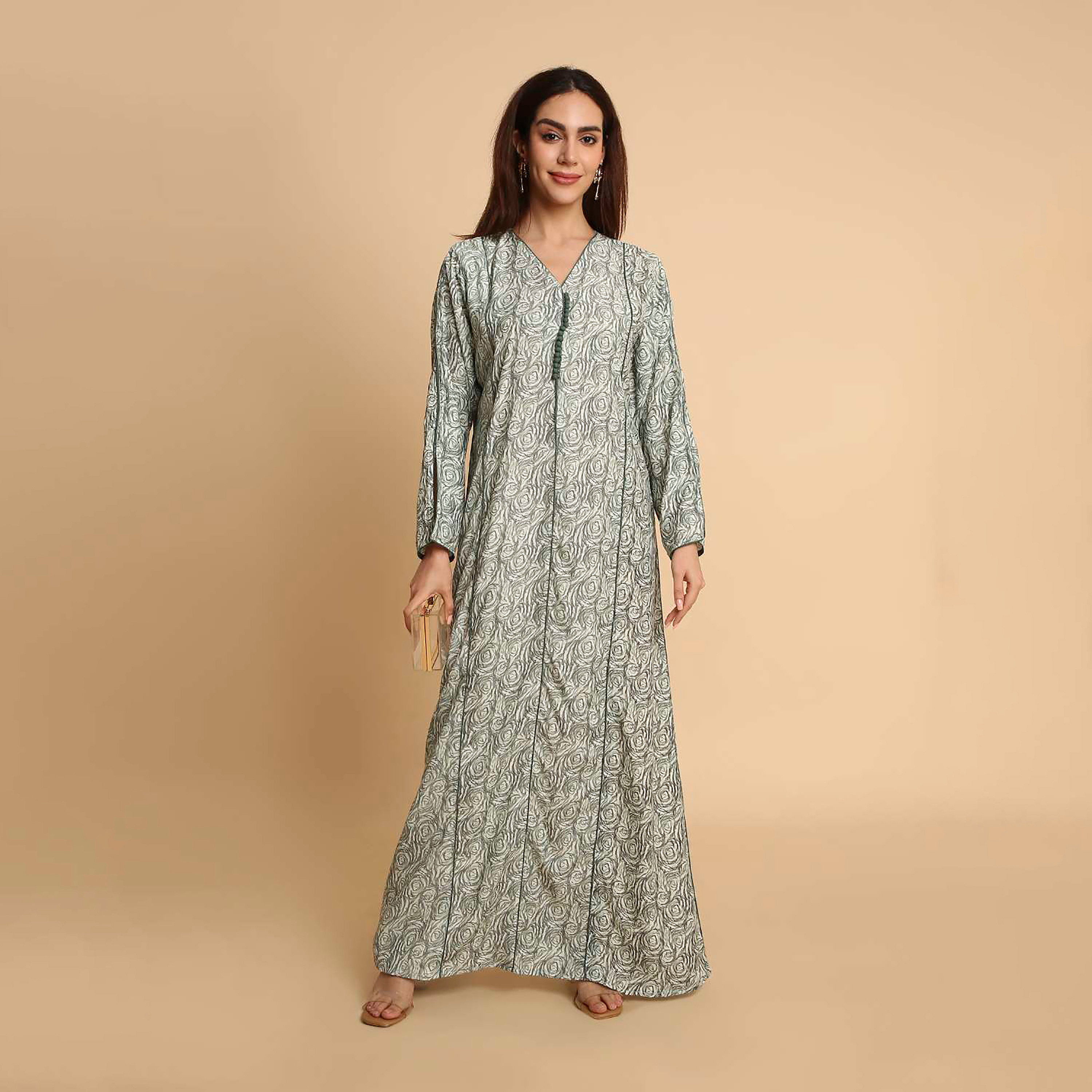 جلابية نسائية بطبعة دوامات الورد وأكمام مزينة بفتحة من هنا اند سارة-women-arabicclothing-jalabiyas-image-6