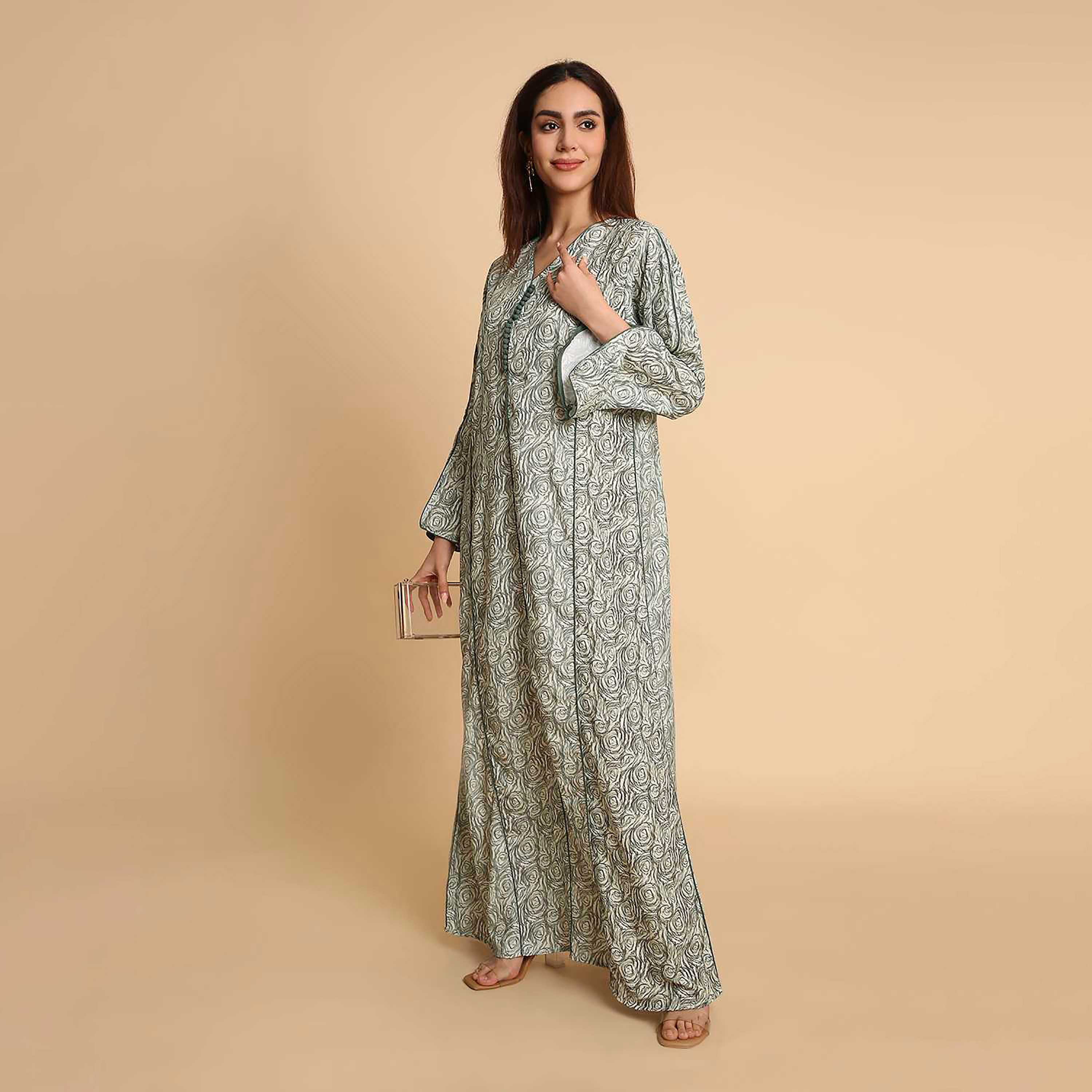 جلابية نسائية بطبعة دوامات الورد وأكمام مزينة بفتحة من هنا اند سارة-women-arabicclothing-jalabiyas-image-8