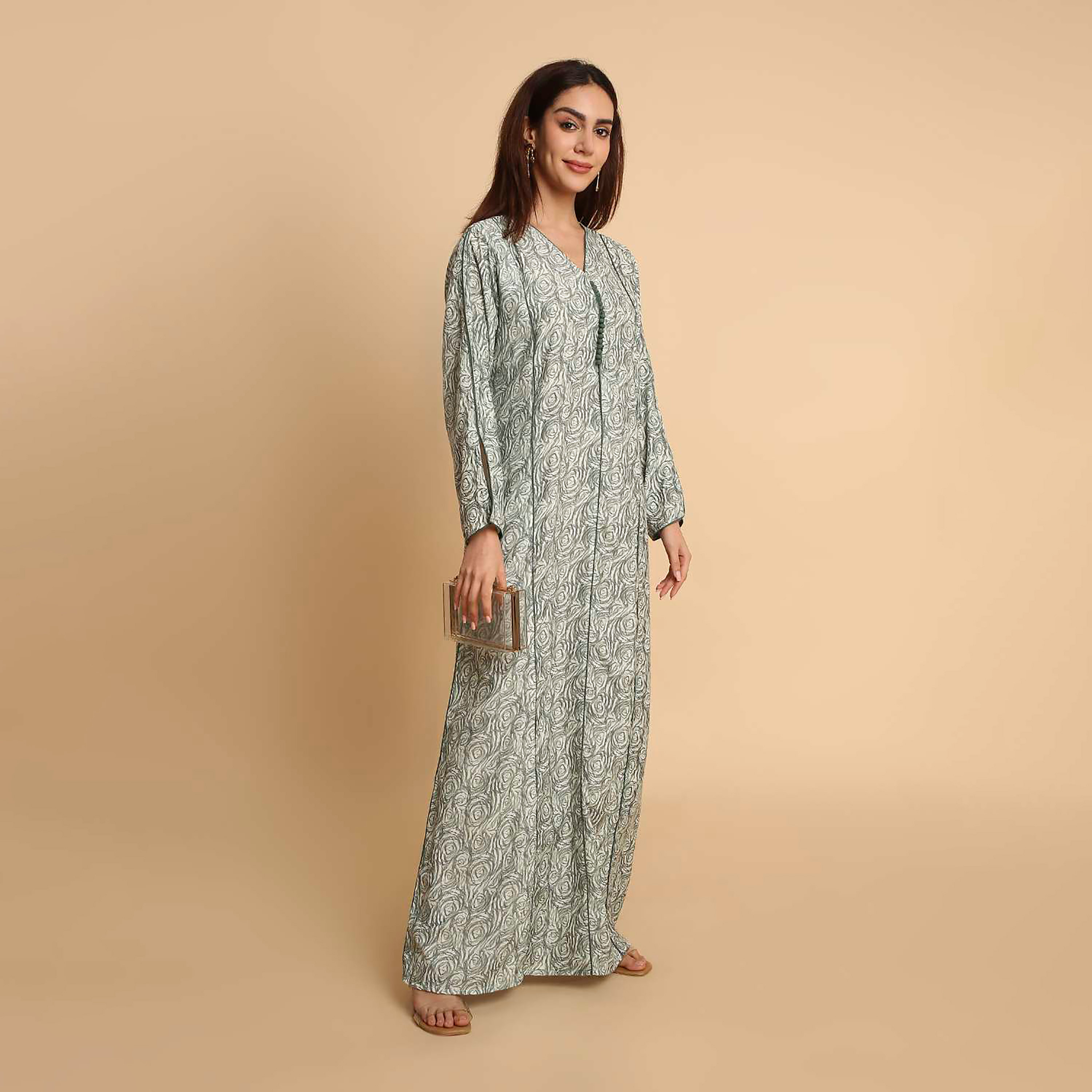 جلابية نسائية بطبعة دوامات الورد وأكمام مزينة بفتحة من هنا اند سارة-women-arabicclothing-jalabiyas-image-9