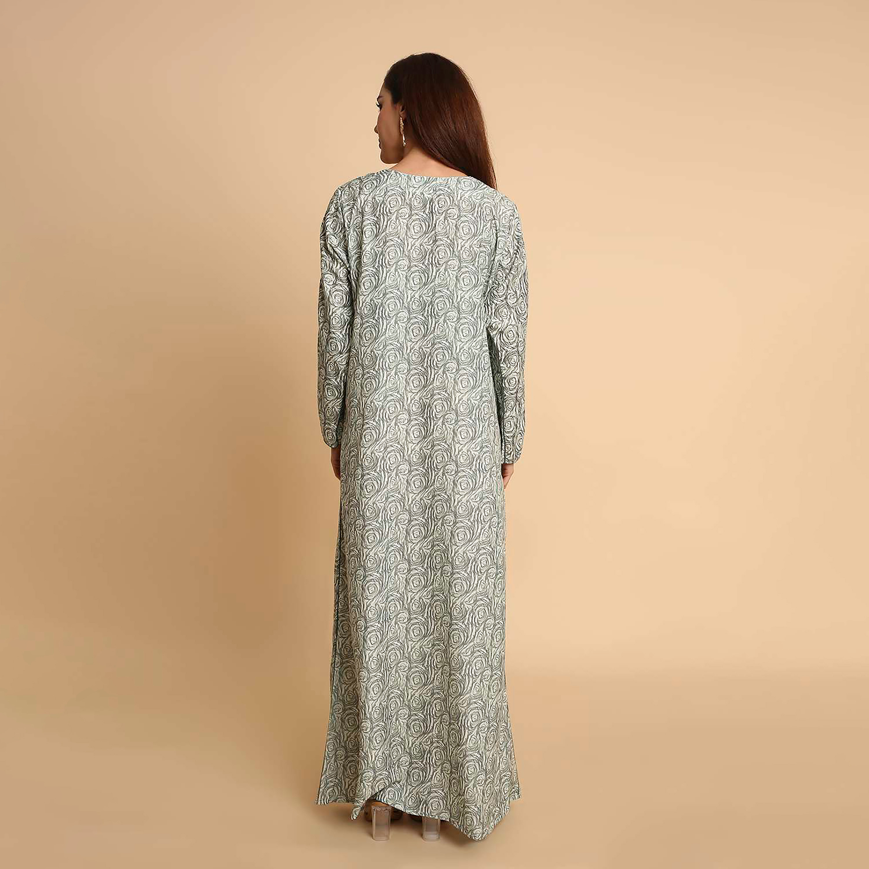جلابية نسائية بطبعة دوامات الورد وأكمام مزينة بفتحة من هنا اند سارة-women-arabicclothing-jalabiyas-image-10