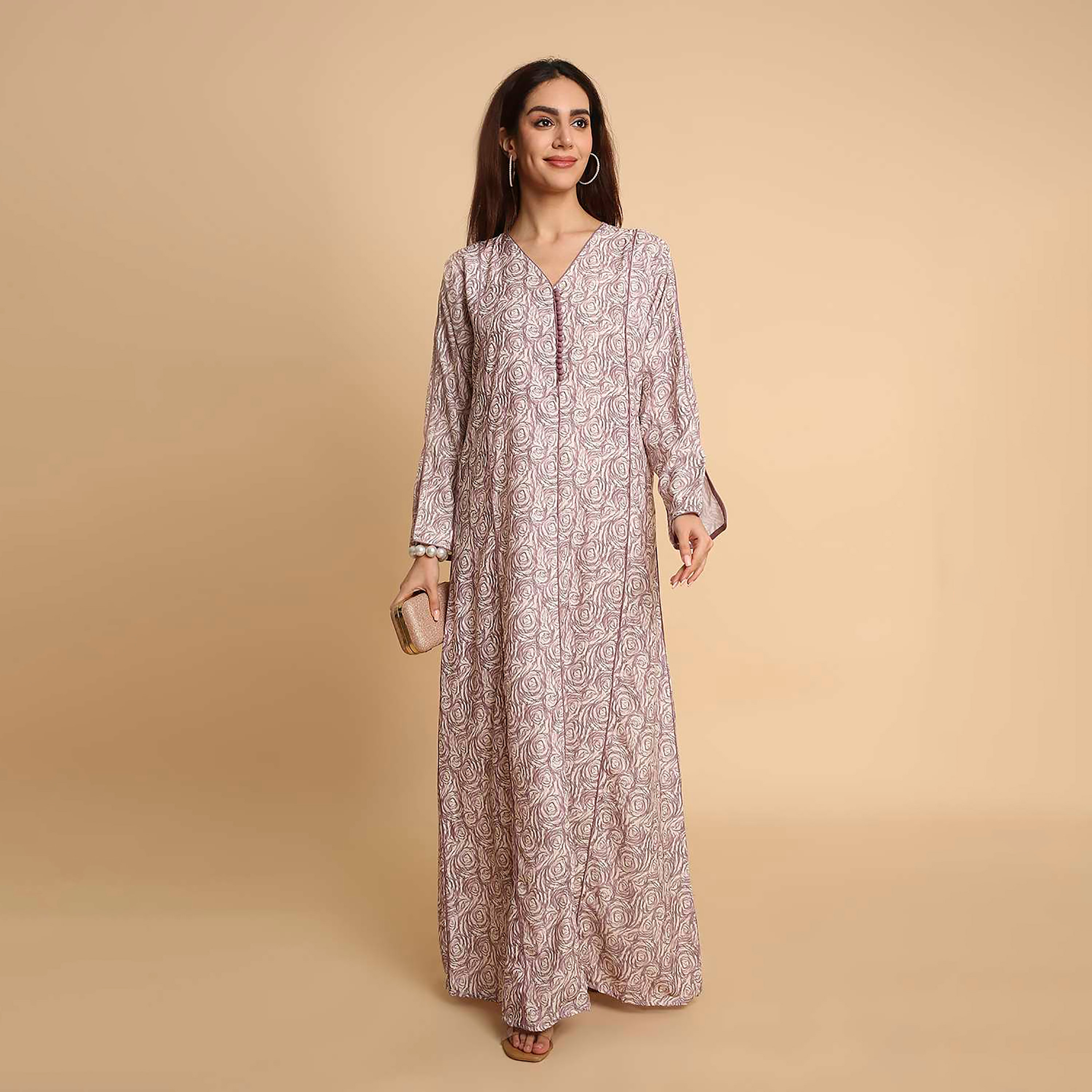 HanaandSara Rose Swirl Print Slit Detailed Sleeves Women's Jalabiya-women-arabicclothing-jalabiyas-image-1