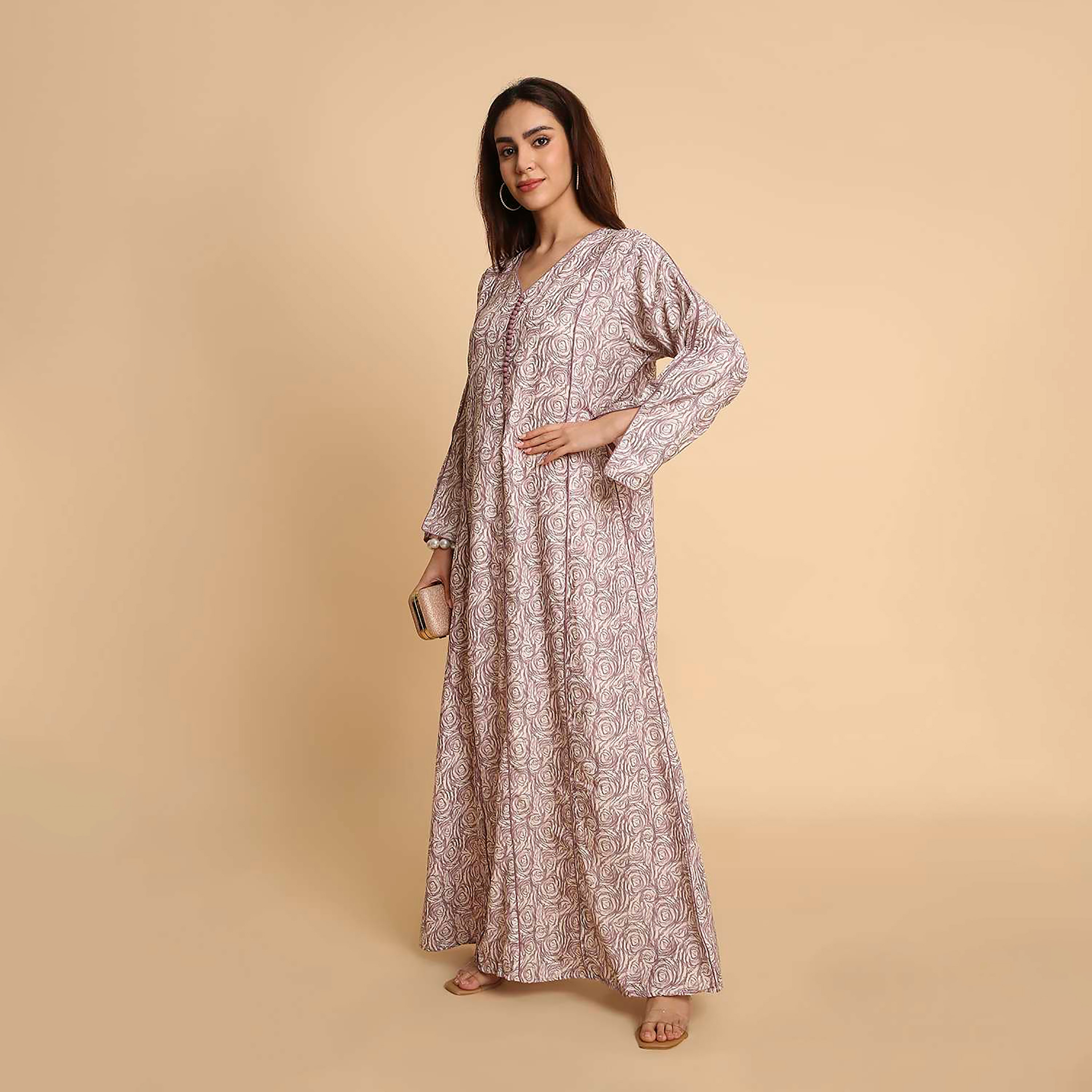 HanaandSara Rose Swirl Print Slit Detailed Sleeves Women's Jalabiya-women-arabicclothing-jalabiyas-image-3