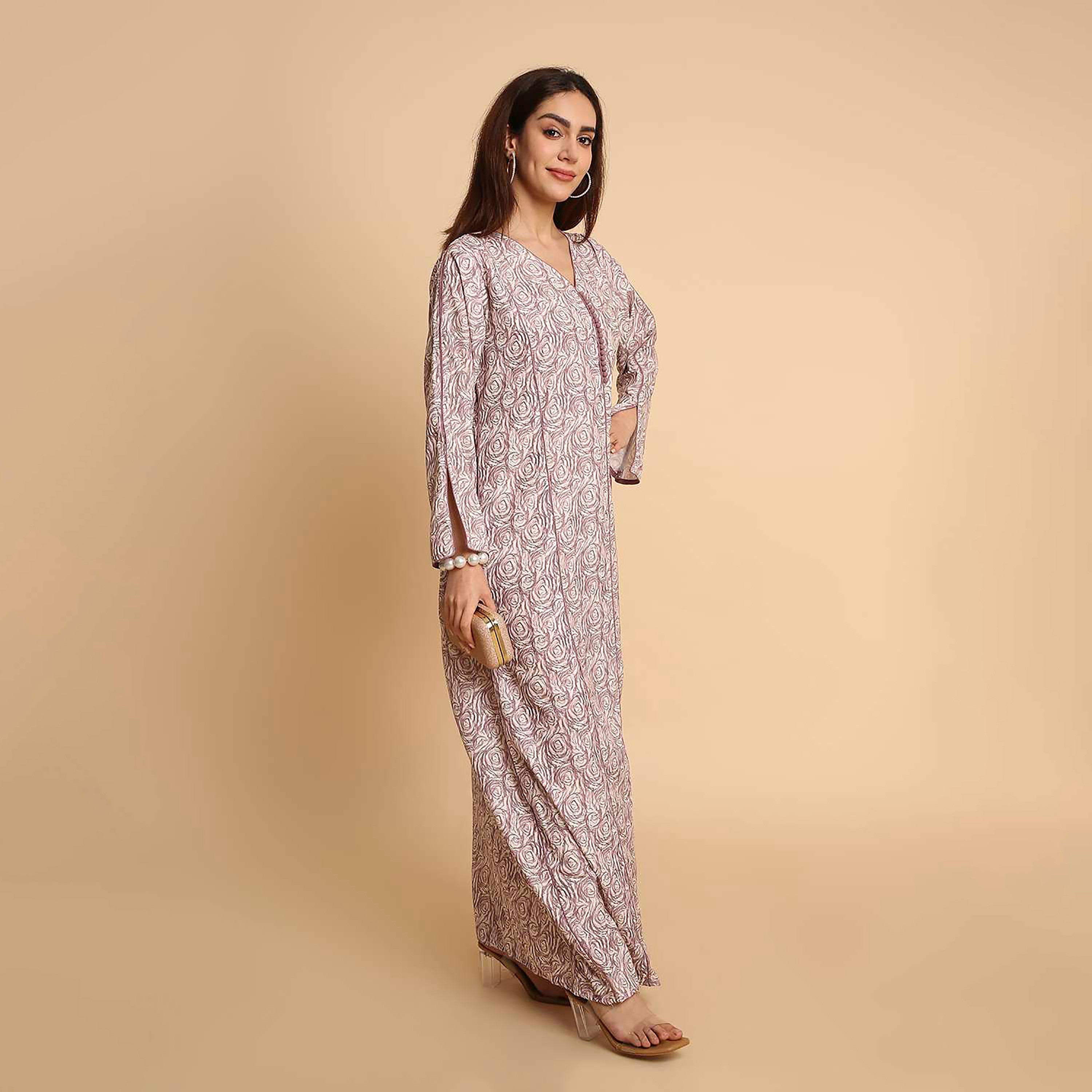جلابية نسائية بطبعة دوامات الورد وأكمام مزينة بفتحة من هنا اند سارة-women-arabicclothing-jalabiyas-image-14