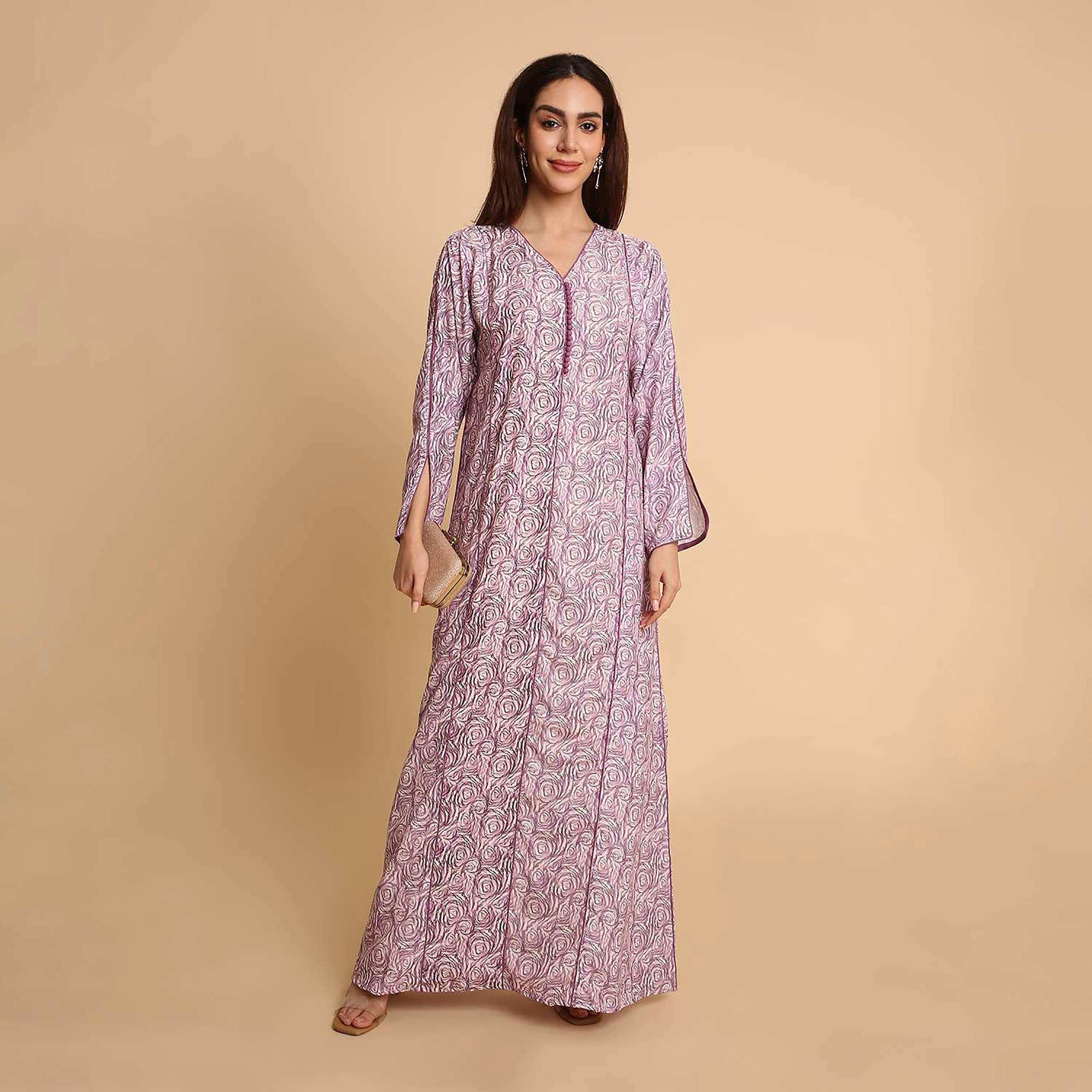 جلابية نسائية بطبعة دوامات الورد وأكمام مزينة بفتحة من هنا اند سارة-women-arabicclothing-jalabiyas-image-1