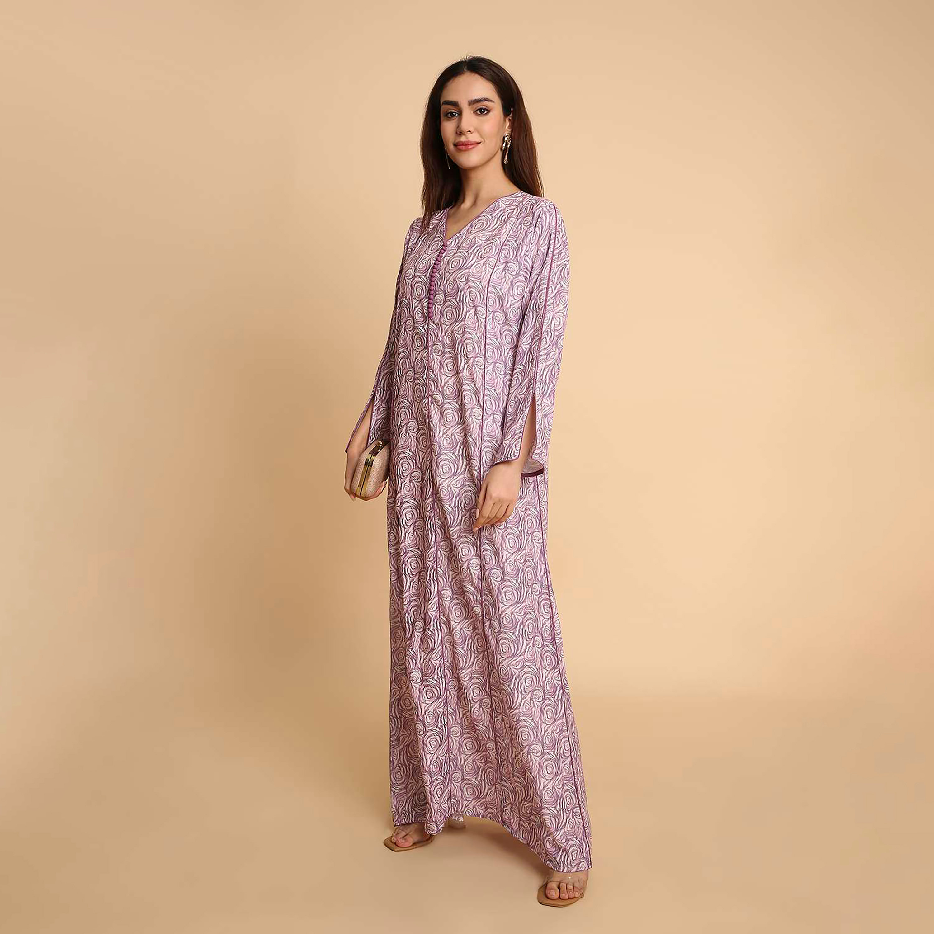 جلابية نسائية بطبعة دوامات الورد وأكمام مزينة بفتحة من هنا اند سارة-women-arabicclothing-jalabiyas-image-3