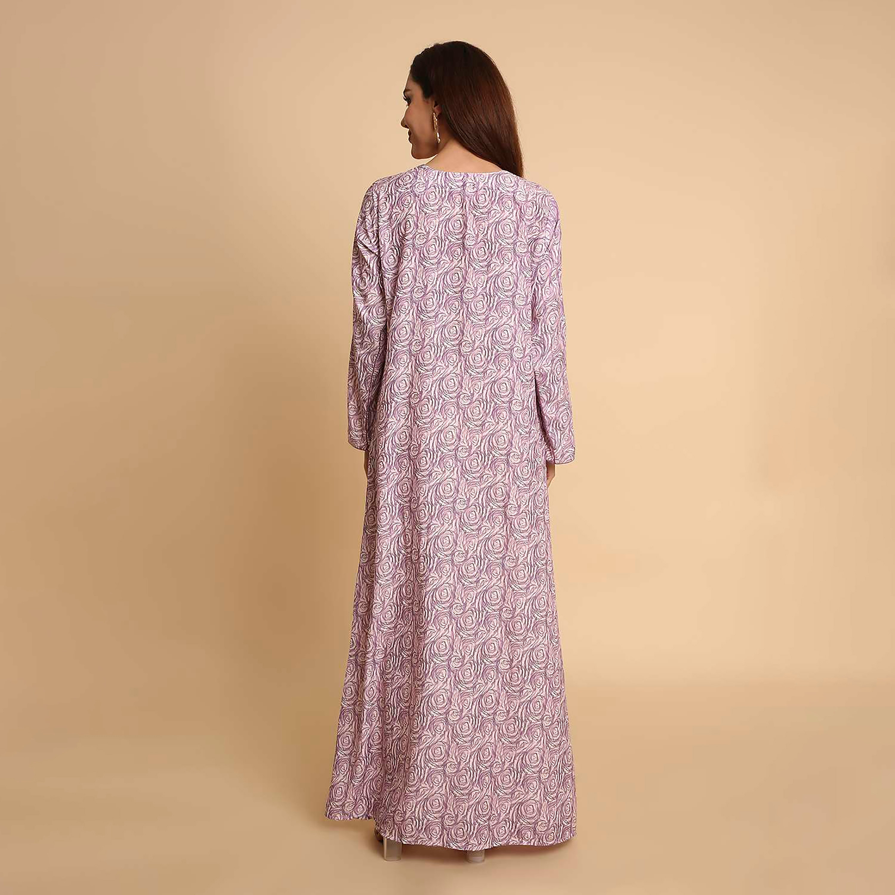 جلابية نسائية بطبعة دوامات الورد وأكمام مزينة بفتحة من هنا اند سارة-women-arabicclothing-jalabiyas-image-5