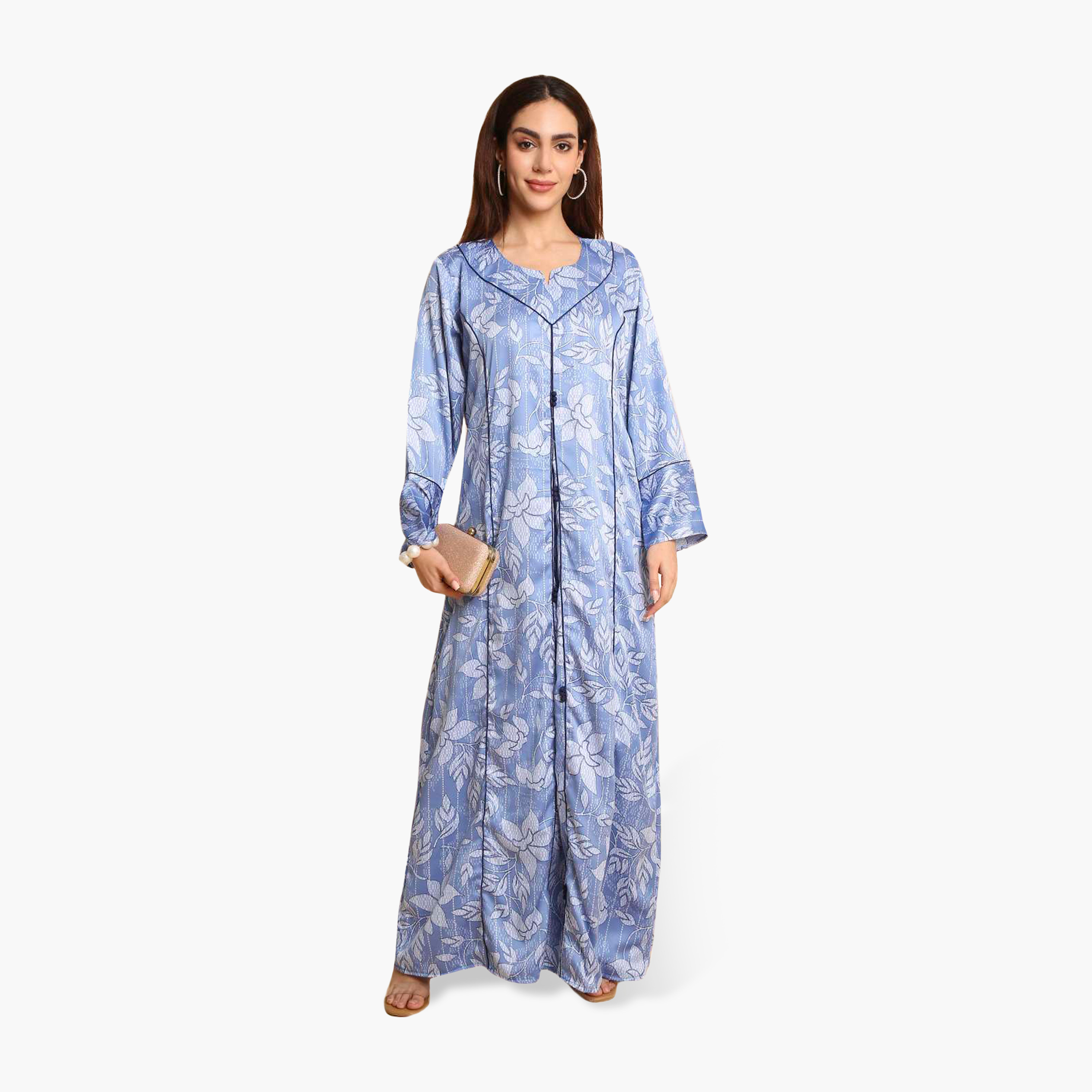 جلابية نسائية بأساور أكمام واسعة وطبعة أوراق شجر من هنا أند سارة-women-arabicclothing-jalabiyas-image-6
