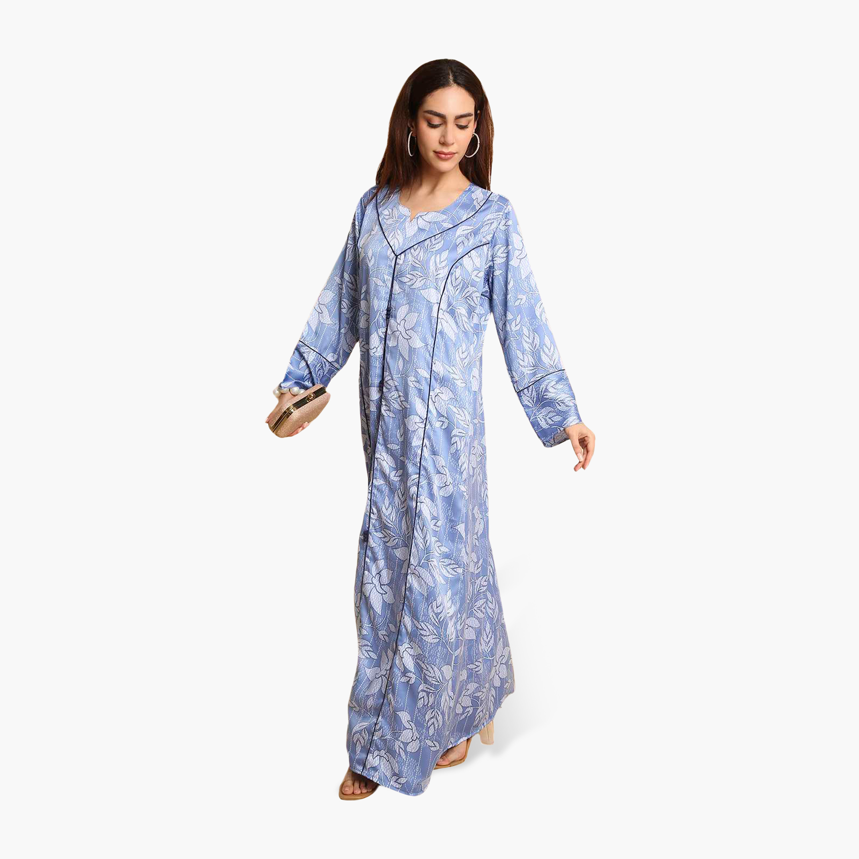 جلابية نسائية بأساور أكمام واسعة وطبعة أوراق شجر من هنا أند سارة-women-arabicclothing-jalabiyas-image-8