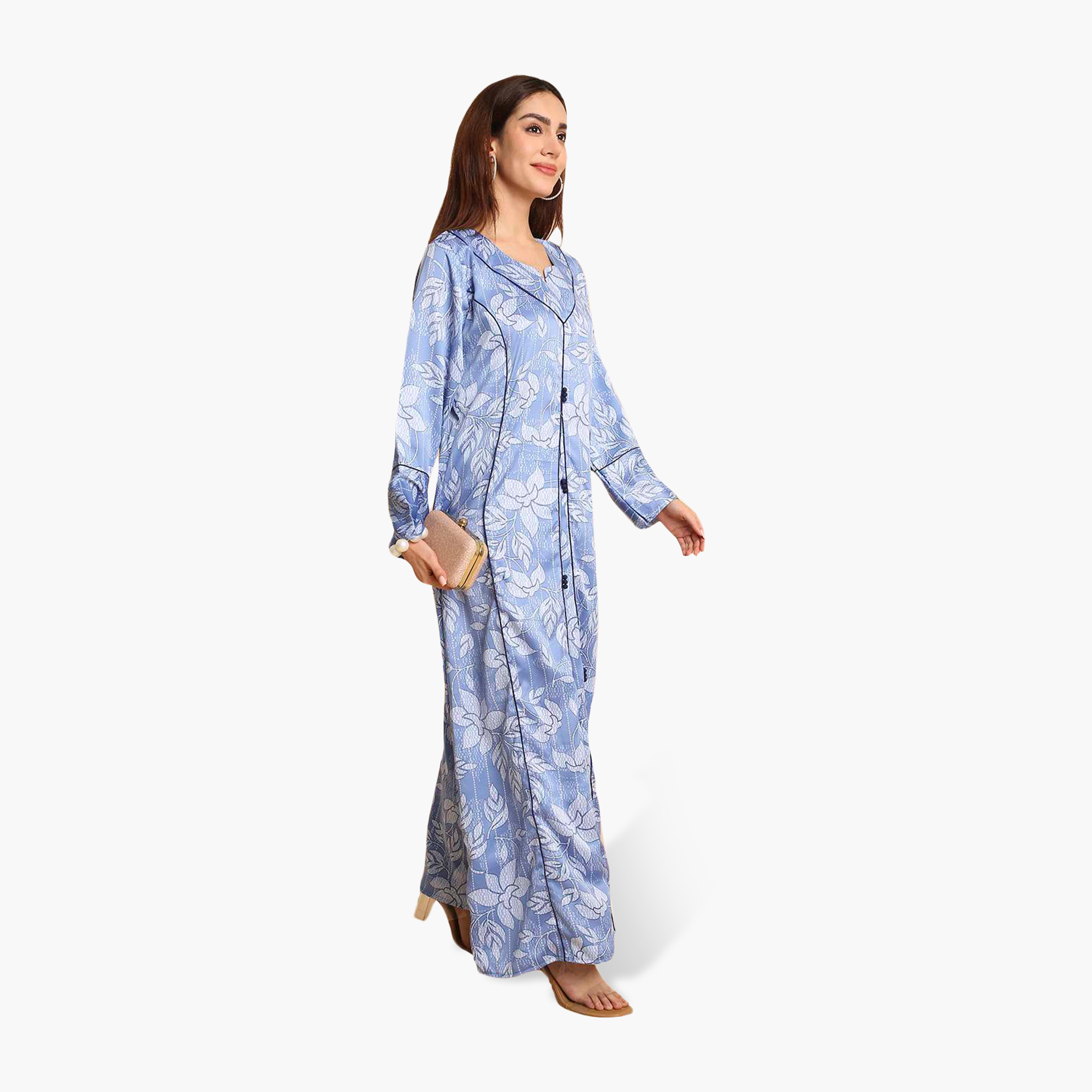 جلابية نسائية بأساور أكمام واسعة وطبعة أوراق شجر من هنا أند سارة-women-arabicclothing-jalabiyas-image-9