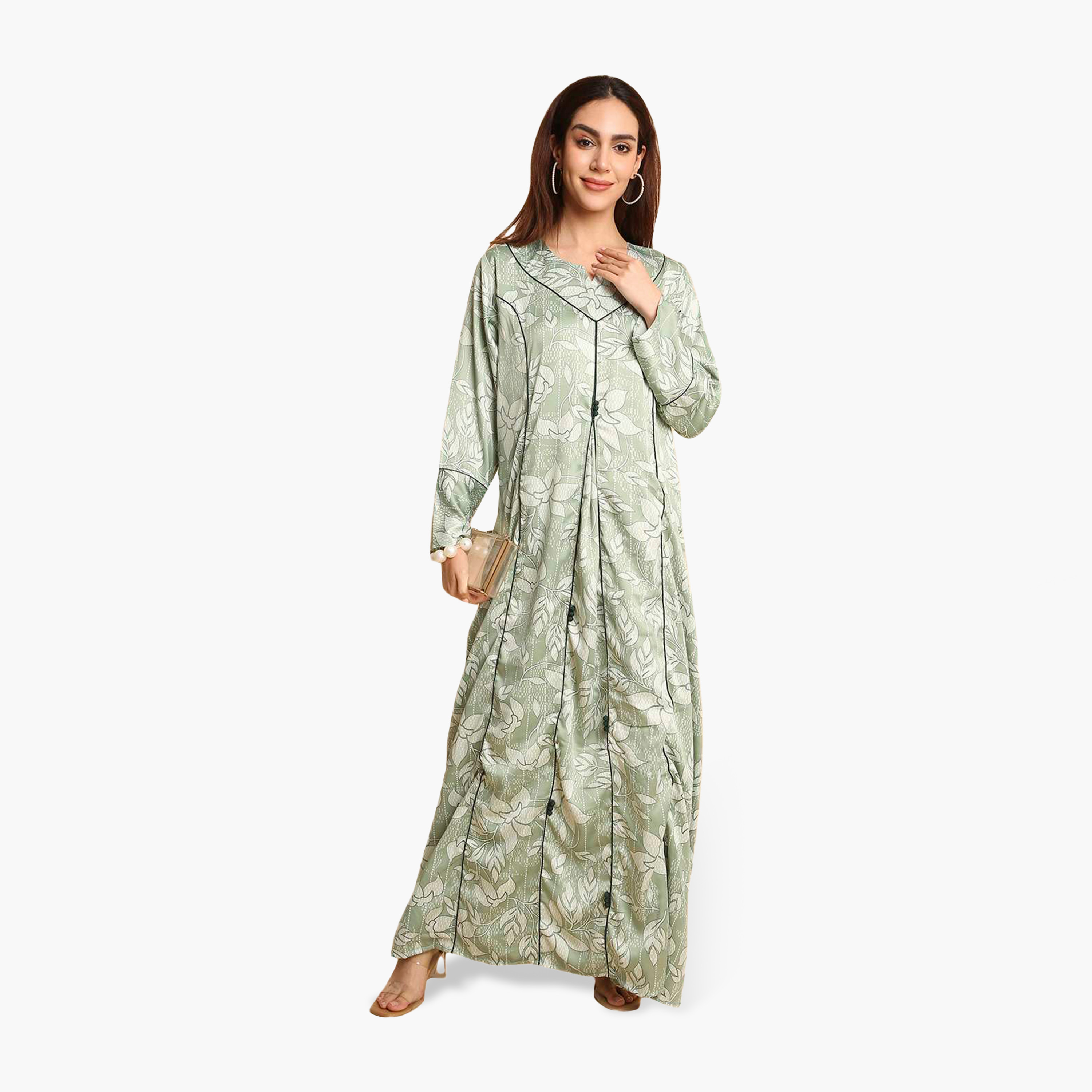 جلابية نسائية بأساور أكمام واسعة وطبعة أوراق شجر من هنا أند سارة-women-arabicclothing-jalabiyas-image-1