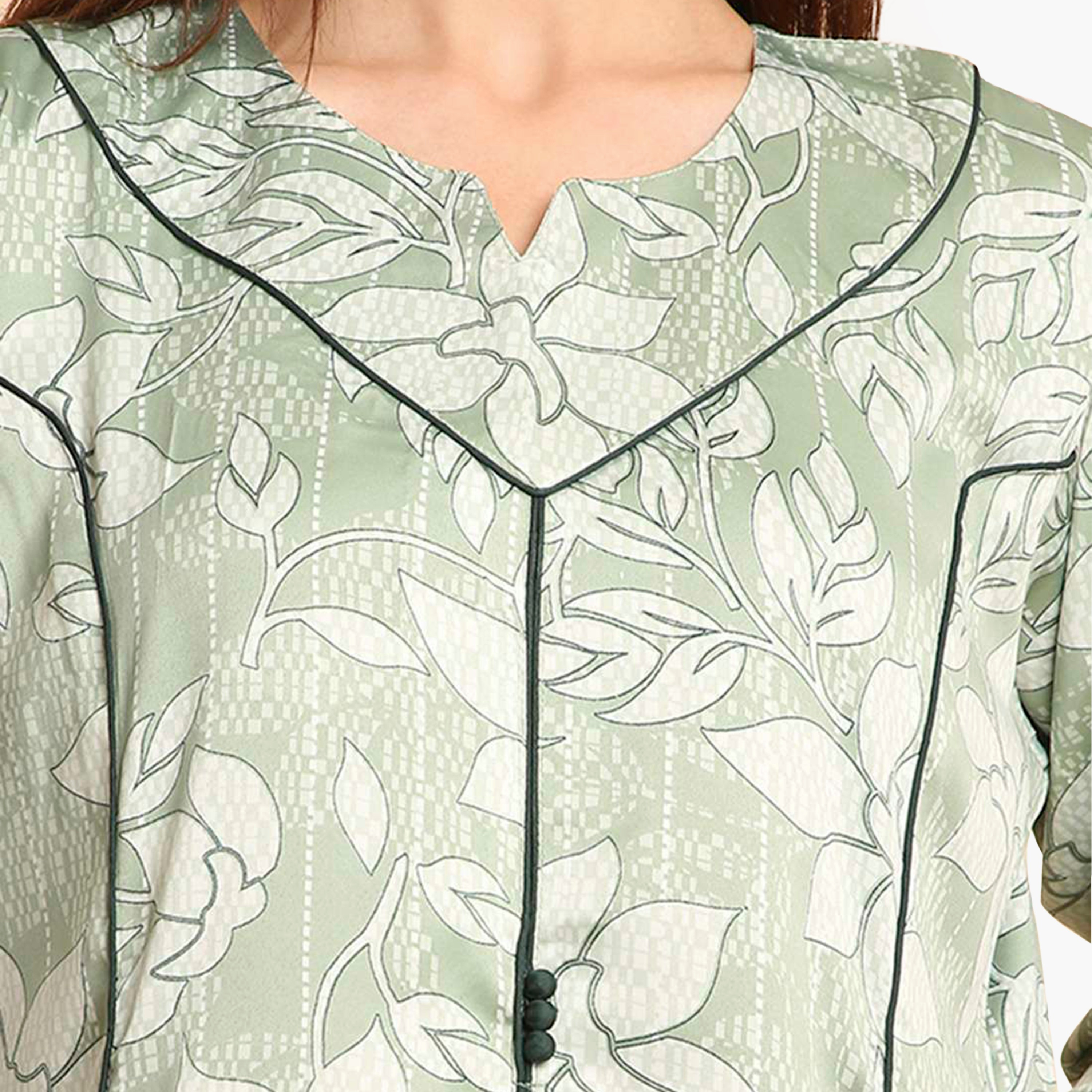 جلابية نسائية بأساور أكمام واسعة وطبعة أوراق شجر من هنا أند سارة-women-arabicclothing-jalabiyas-image-2