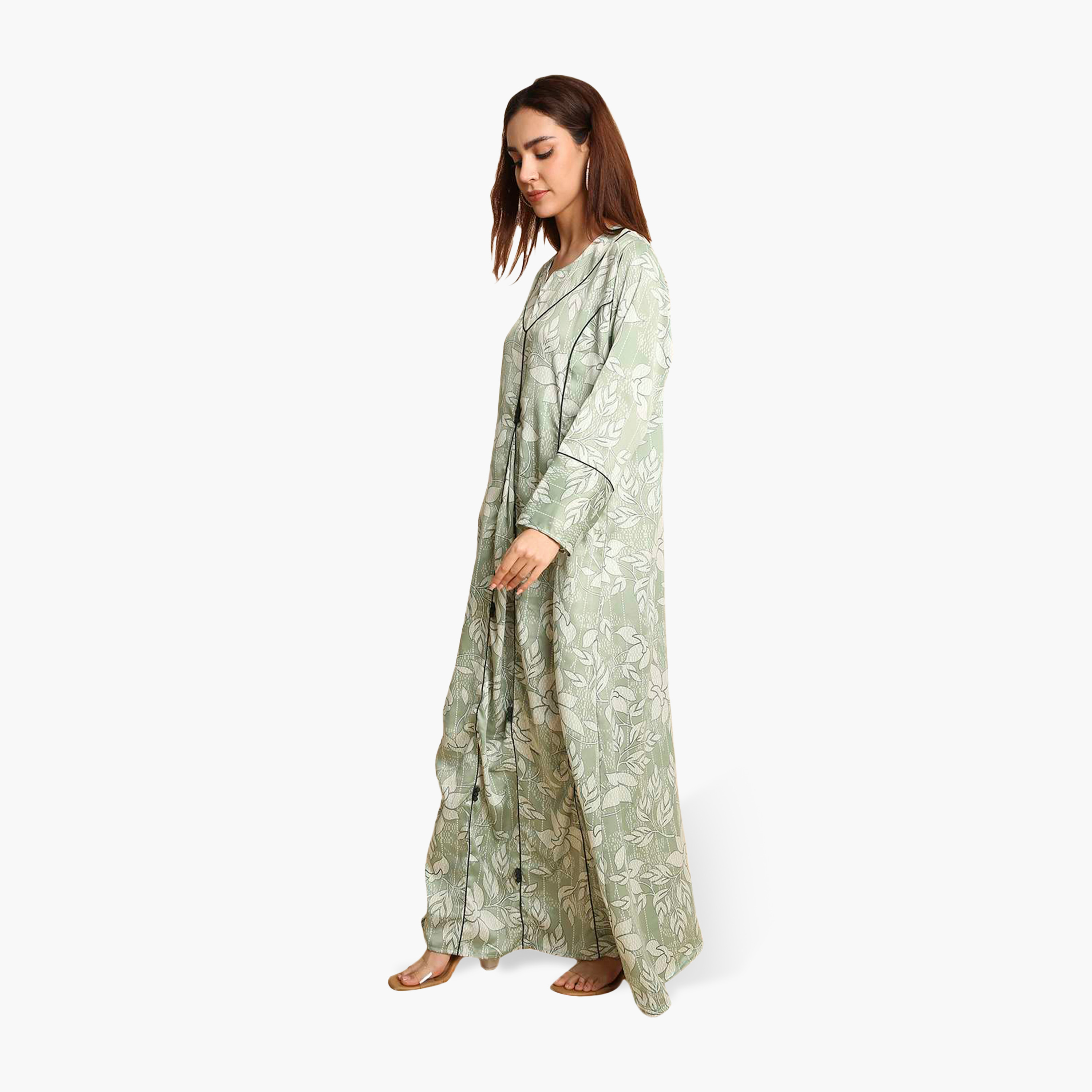 جلابية نسائية بأساور أكمام واسعة وطبعة أوراق شجر من هنا أند سارة-women-arabicclothing-jalabiyas-image-3