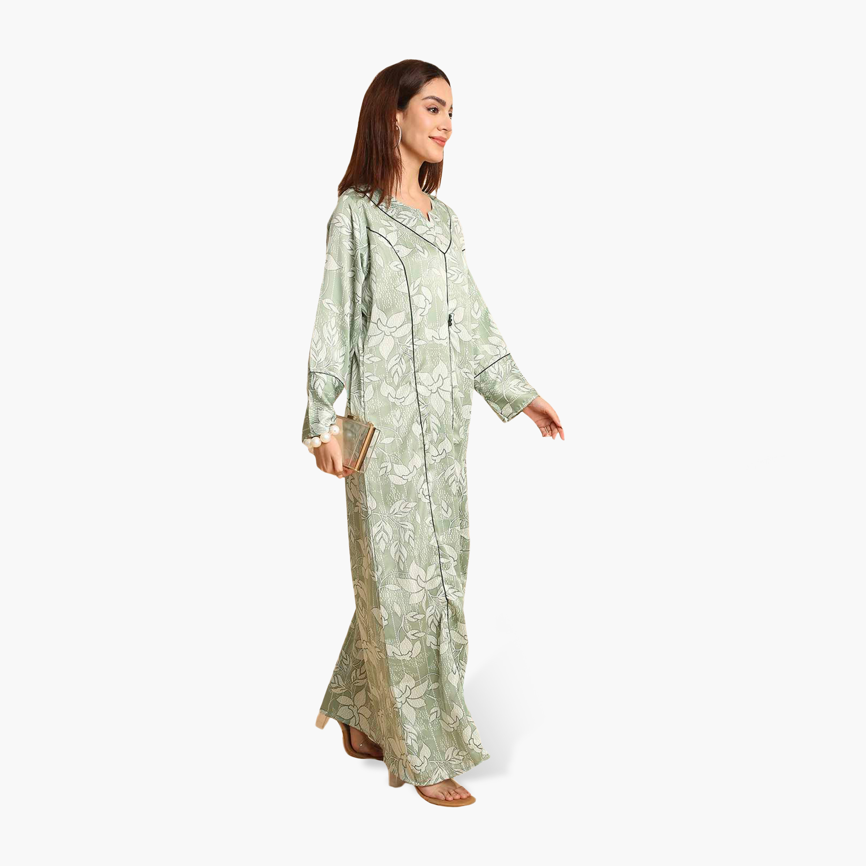 جلابية نسائية بأساور أكمام واسعة وطبعة أوراق شجر من هنا أند سارة-women-arabicclothing-jalabiyas-image-4