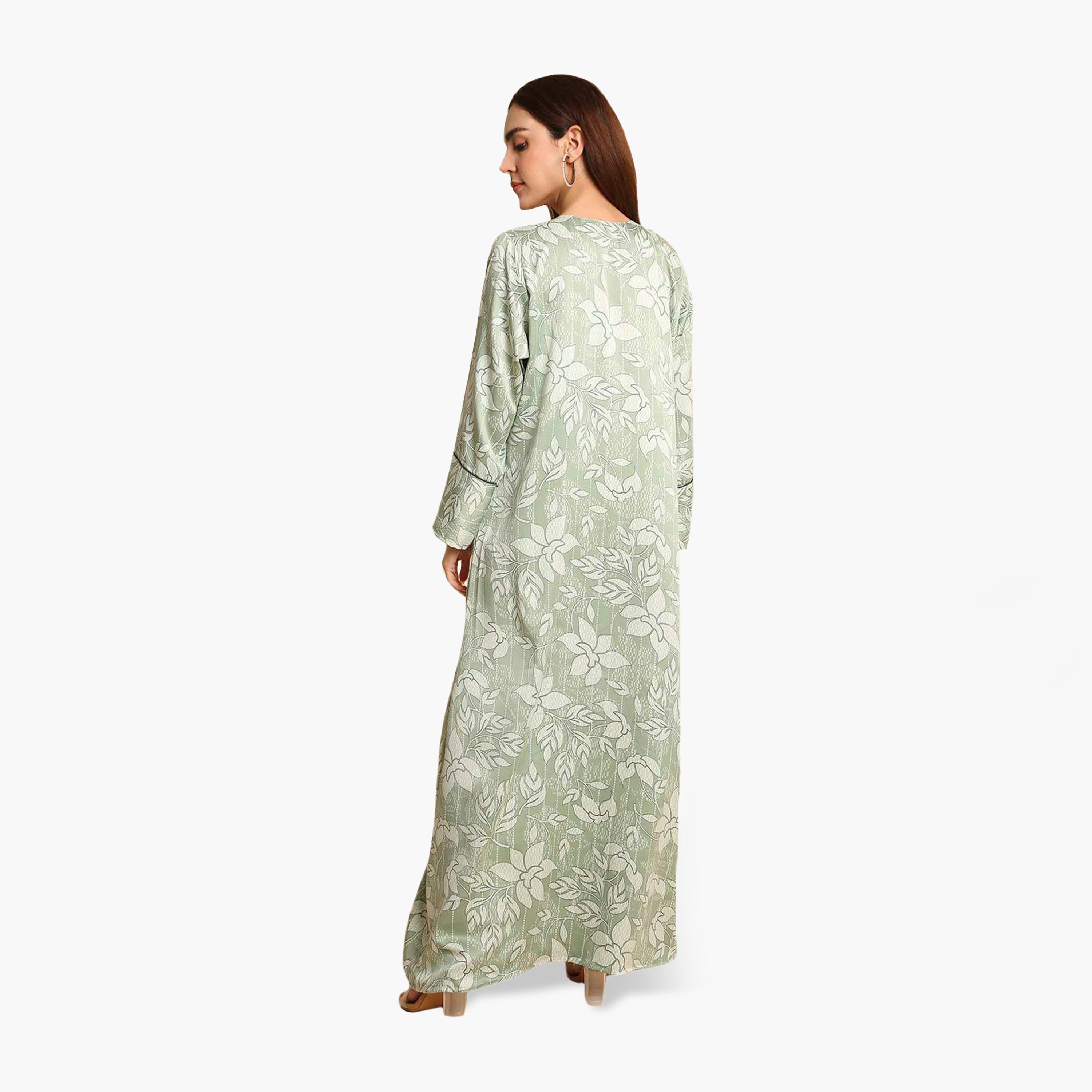 جلابية نسائية بأساور أكمام واسعة وطبعة أوراق شجر من هنا أند سارة-women-arabicclothing-jalabiyas-image-5